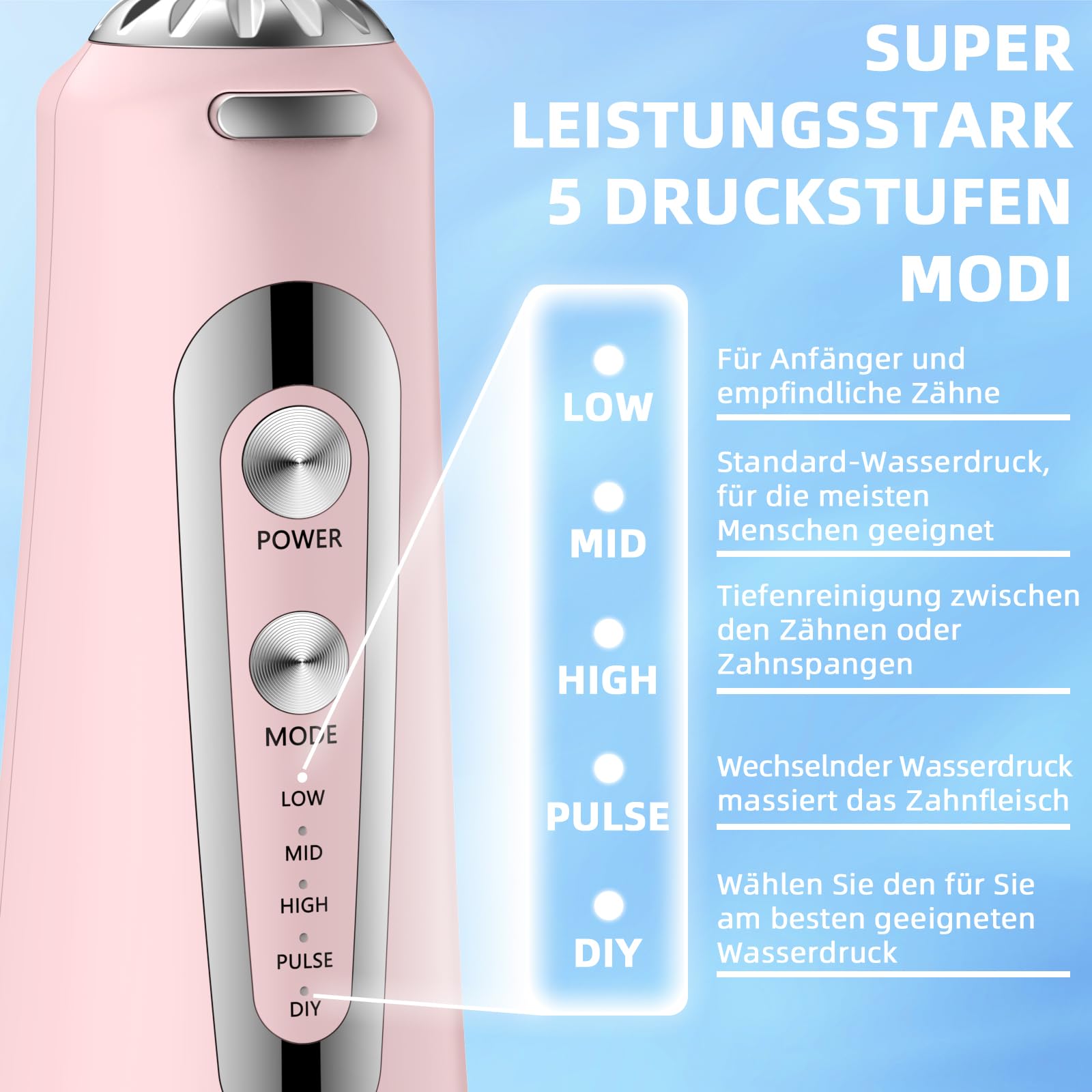Hydropulseur dentaire électrique sans fil, 5 modes et 300 ml, hydropulseur avec 6 conseils de jet, douche dentaire portable pour enlever les restes alimentaires et nettoyer les dents cJ