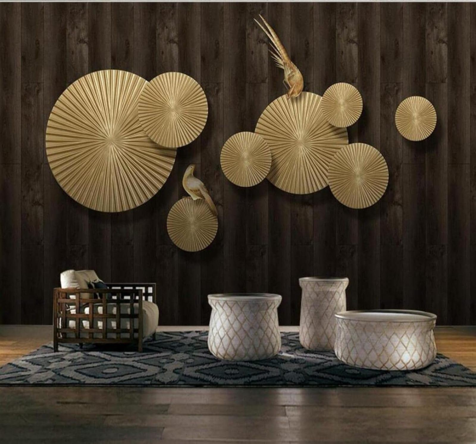 Xlming 430Cm×300Cm(B×H) Three Dimensional Luxury Gold Circular Small Bird 3D Wallpaper Luxury Silk Study Dining Feature Sofa Grey Bedroom Living Room Tv Decorative Wall-430Cm×300Cm