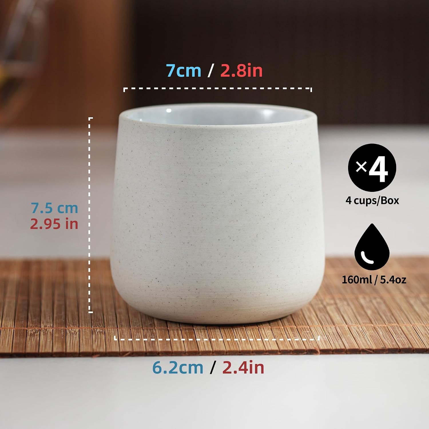 TEANAGOO Japanese Tea Cups, Chinese Tea Cup, 7.2Oz / 205 Ml, Ceramic Tea Cups for Adults, Ceramic Cups no Handles, Japanese Cups, Matcha Cup, Lt.Grey, 4 Pcs/Box, H5