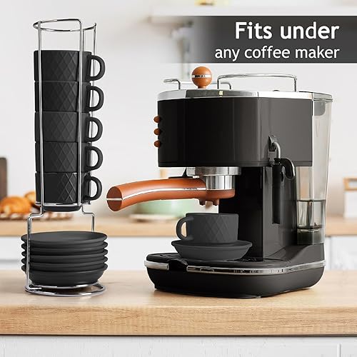 Miniatura 5 de MIAMIO - 6 tazas de café expreso de gres de 2.5 onzas, juego moderno de tazas con soporte y platillos - Colección Palmanova (negro)