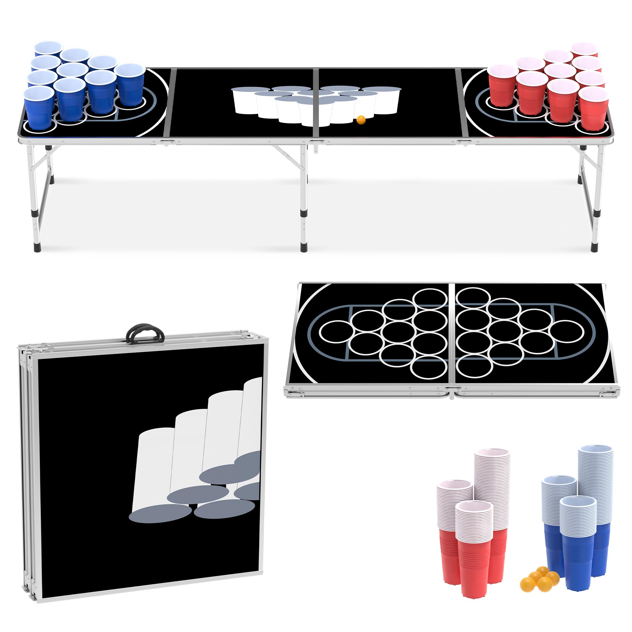 HENGMEI Beer Pong - Set da tavolo pieghevole con 100 bicchieri (50 rossi e 50 blu), 5 palline, giochi di lancio per l'estate e festival, giochi di festa, colore nero