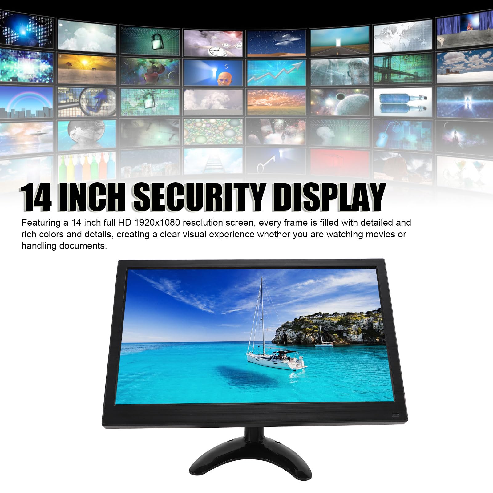 Asixxsix Monitor de Seguridad, 14 Pulgadas 1920x1080 cámara de Seguridad de la Pantalla del Monitor, PC NVR Ordenador, DVR Monitor, Built-in Dual Speakers, BNC, AV, VGA, HDMI, (Enchufe de