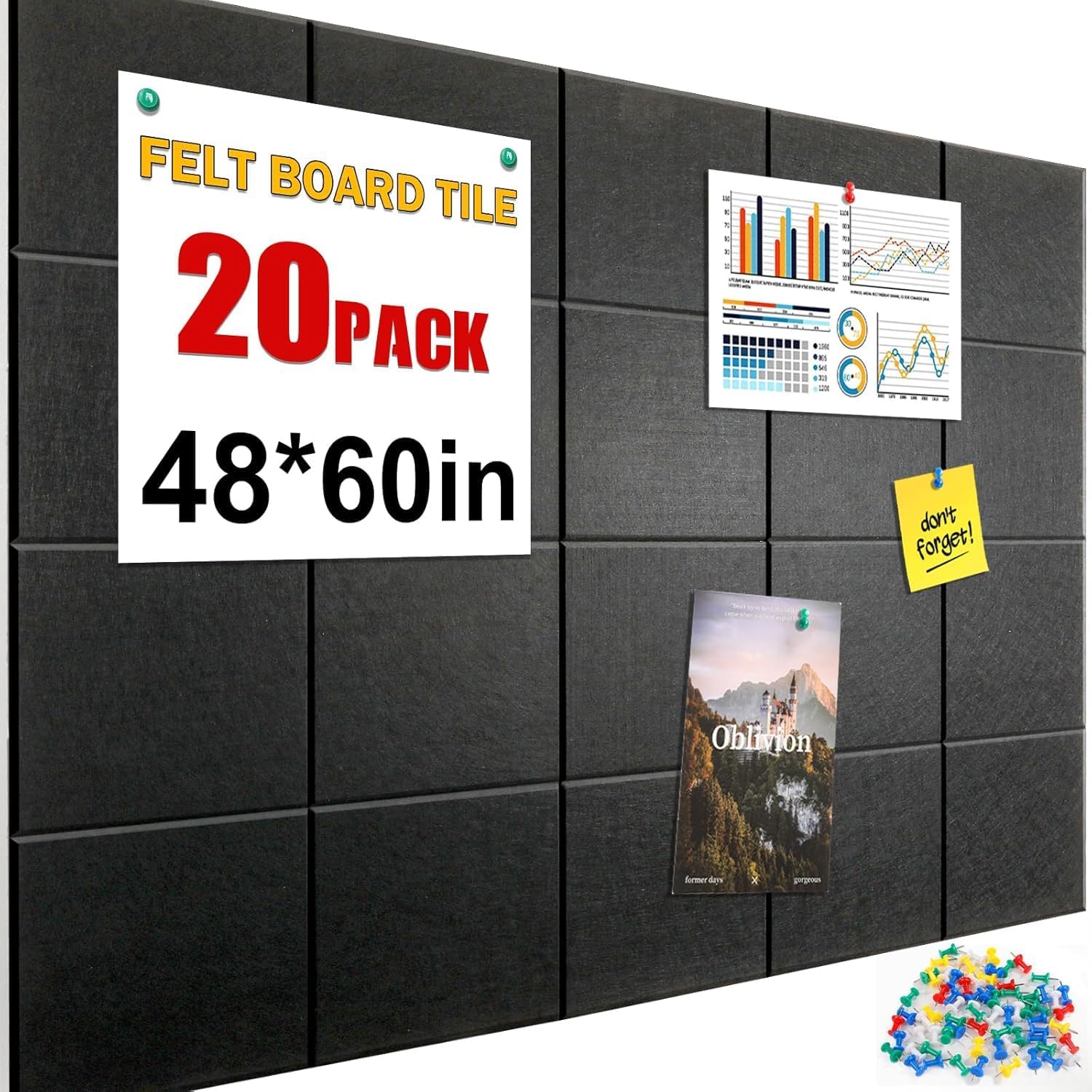 Cork Boards for Walls 48"x60", 20 Pack Black Bulletin Board, Reusable Felt Wall Tiles with 105 Pins and Non-Marking Adhesives, Cork Board for Office Pin Board