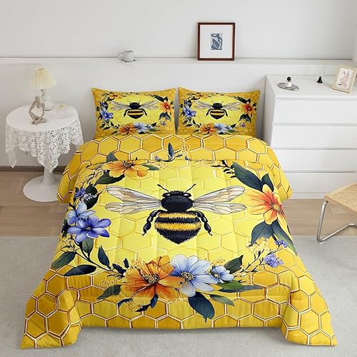 Miniatura 3 de Erosebridal Kawaii Bee - Juego de ropa de cama King con flores y flores, para niñas y niños, con relleno de edredón geométrico de panal de abeja