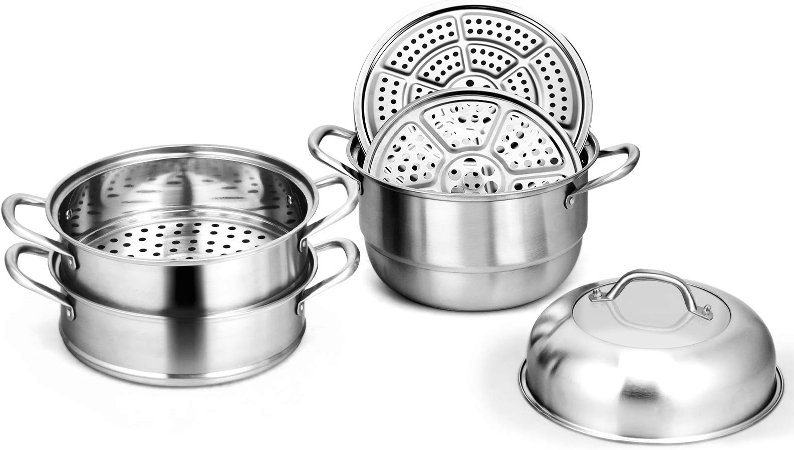 Casart Stainless Steel Steamer Pot 6 Quart W/ 2 Steaming Septa and Tempered Glass Lid, Adjustable temperature on Gas, Electric, Grill Stove 3 Tier Steamer Set