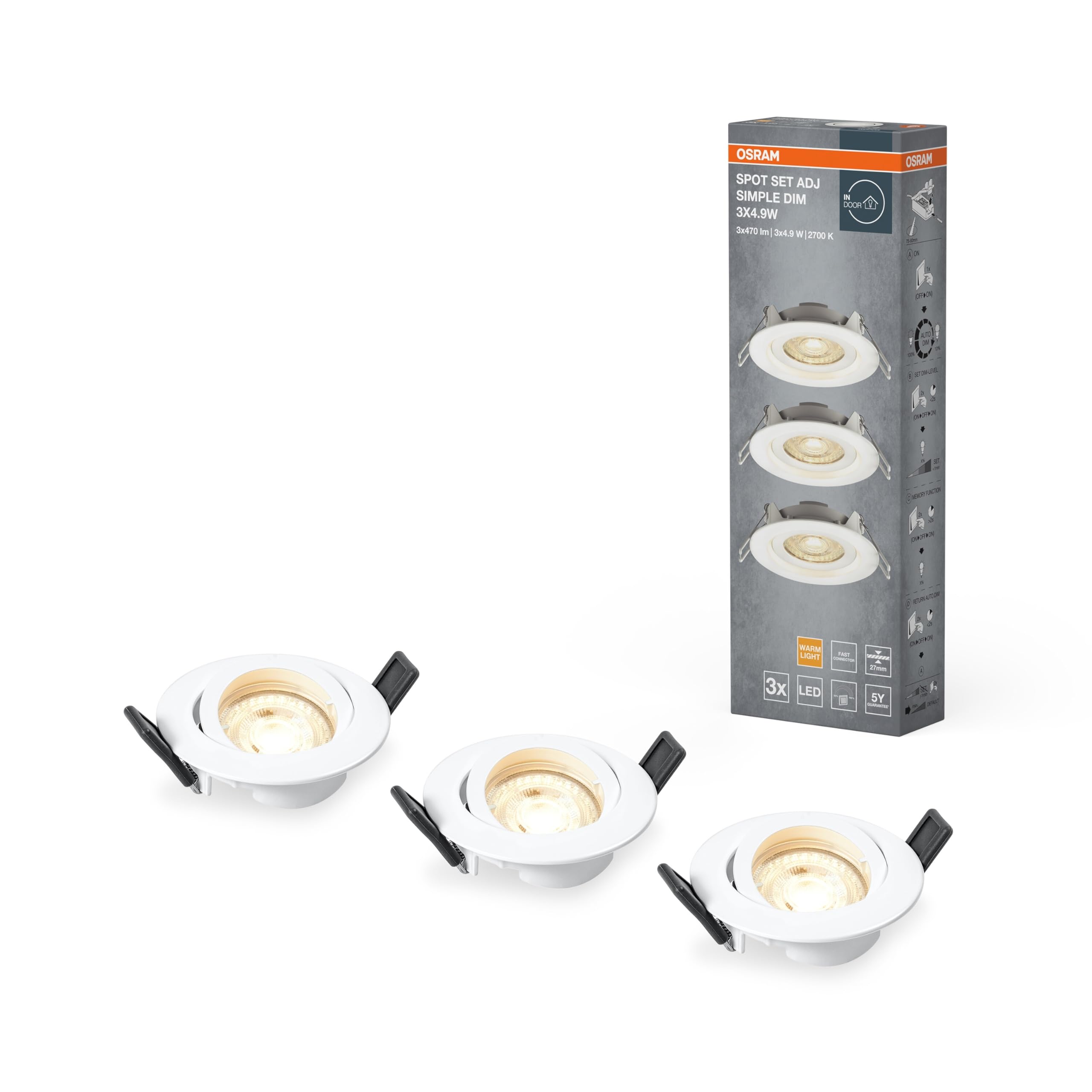 Osram set de spots encastrés gradables via interrupteur mural, blanc en aluminium, avec module LED et driver intégrés, protection IP20 pour l'intérieur comme plafonds suspendus
