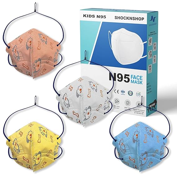 Shocknshop Kids Non Woven Fabric, Melt Blown Printed Reusable Surgical with 4 Layer Head Loop Design N95 Face Mask without Valve - Up to 14 Years - Pack of 4, Multicolour