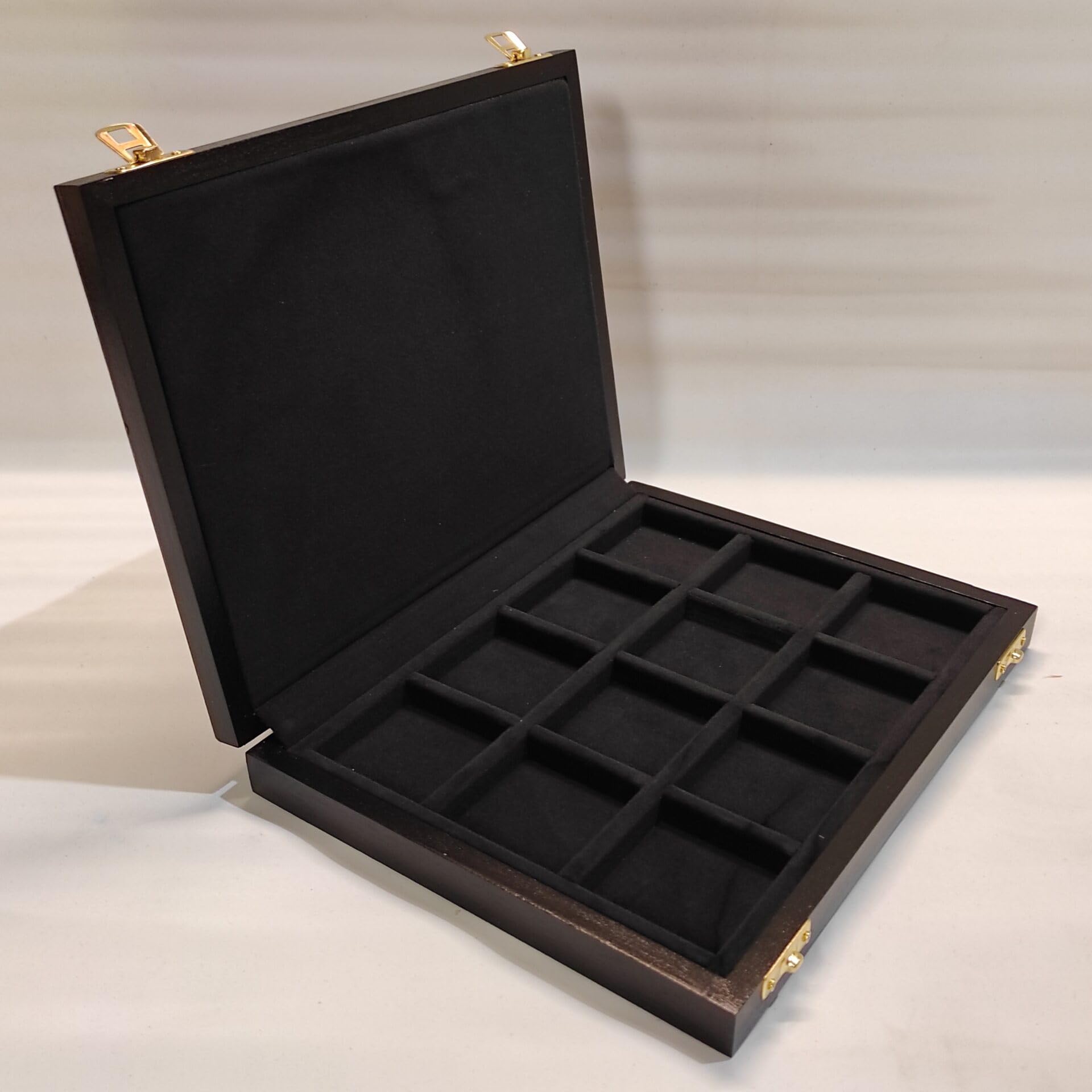 Caja para monedas de colección en madera con escudo real del Reino Unido, 12 compartimentos para cápsulas Quadrum, terciopelo negro, hecha a mano en Italia