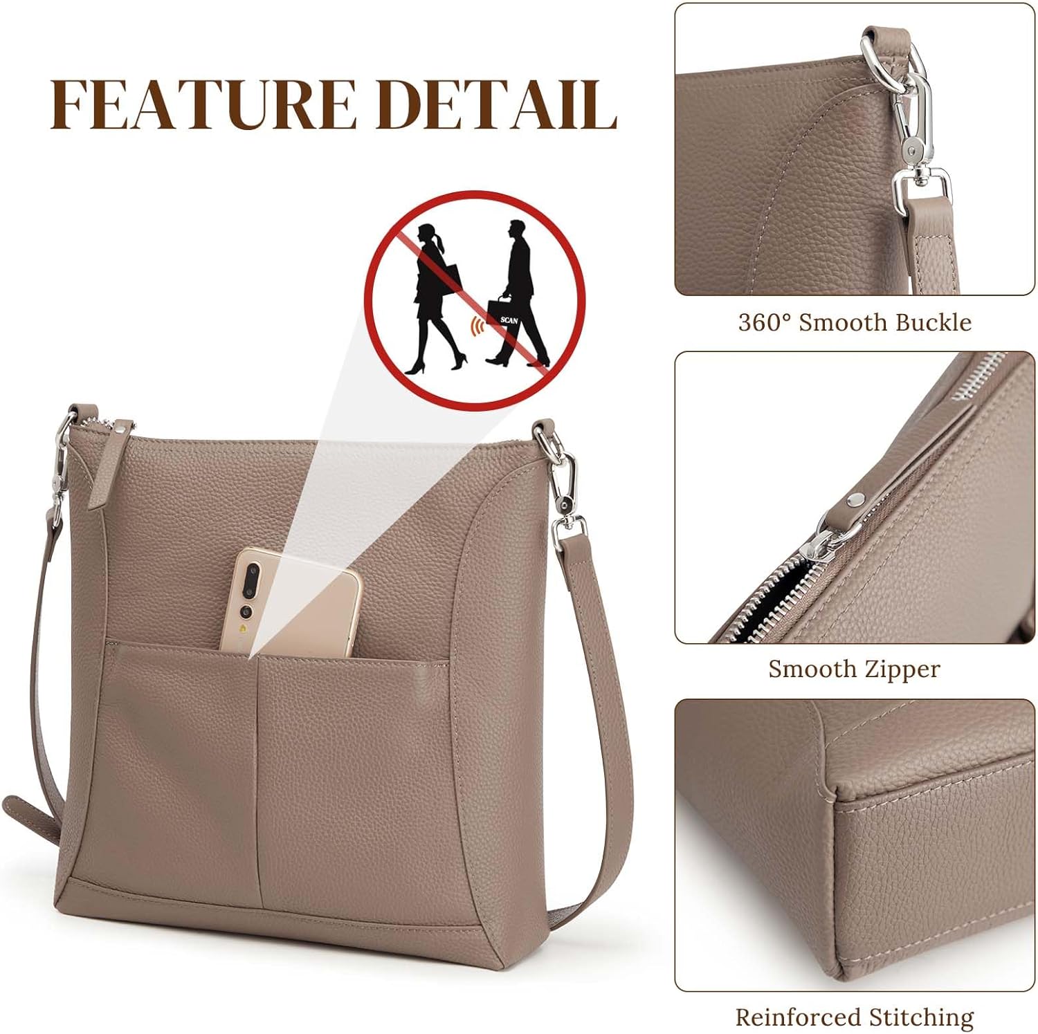 S-ZONE Leather Crossbody Bags for Women RFID Blocking Travel Purse Designer Shoulder Handbags Adjustable Strap - Image 5