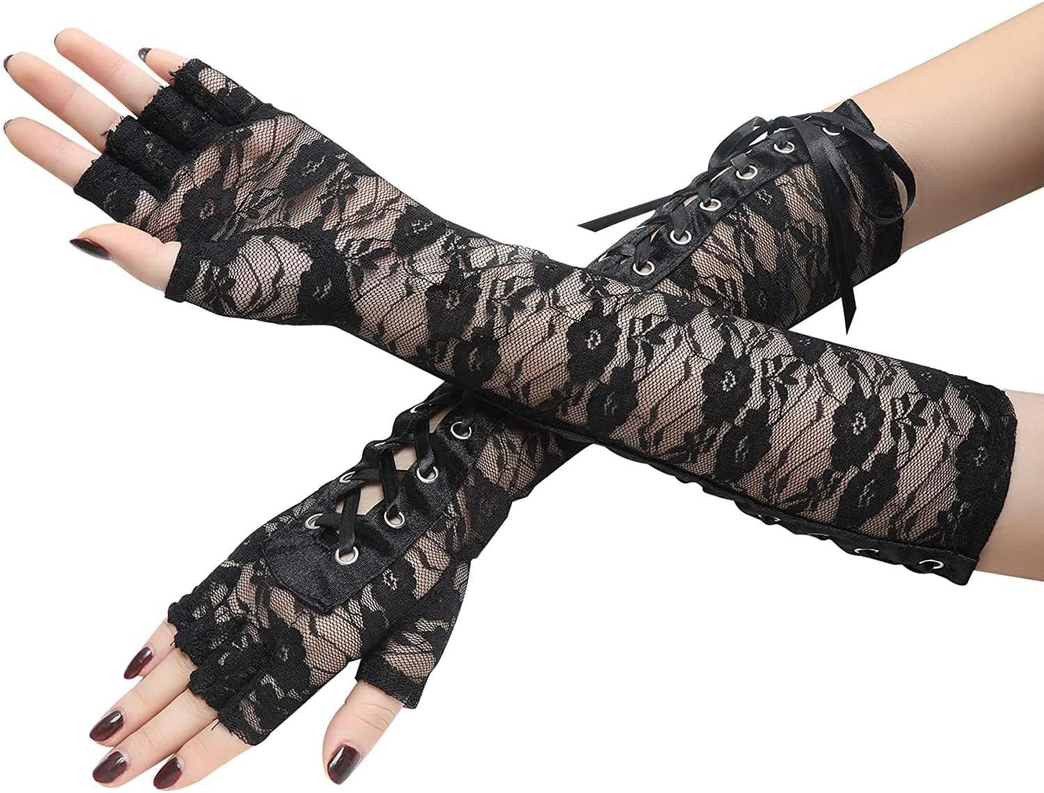 Women's Long Lace Gloves Lace Up Fingerless Arm Sleeves Halloween Costume