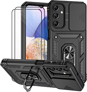 Cover per Samsung galaxy A15 4G / 5G con Vetro Temperato Custodia con Scorrevole Protezione Fotocamera Custodia Rotante Anello Supporto Antiurto TPU Bumper Custodie-Nero