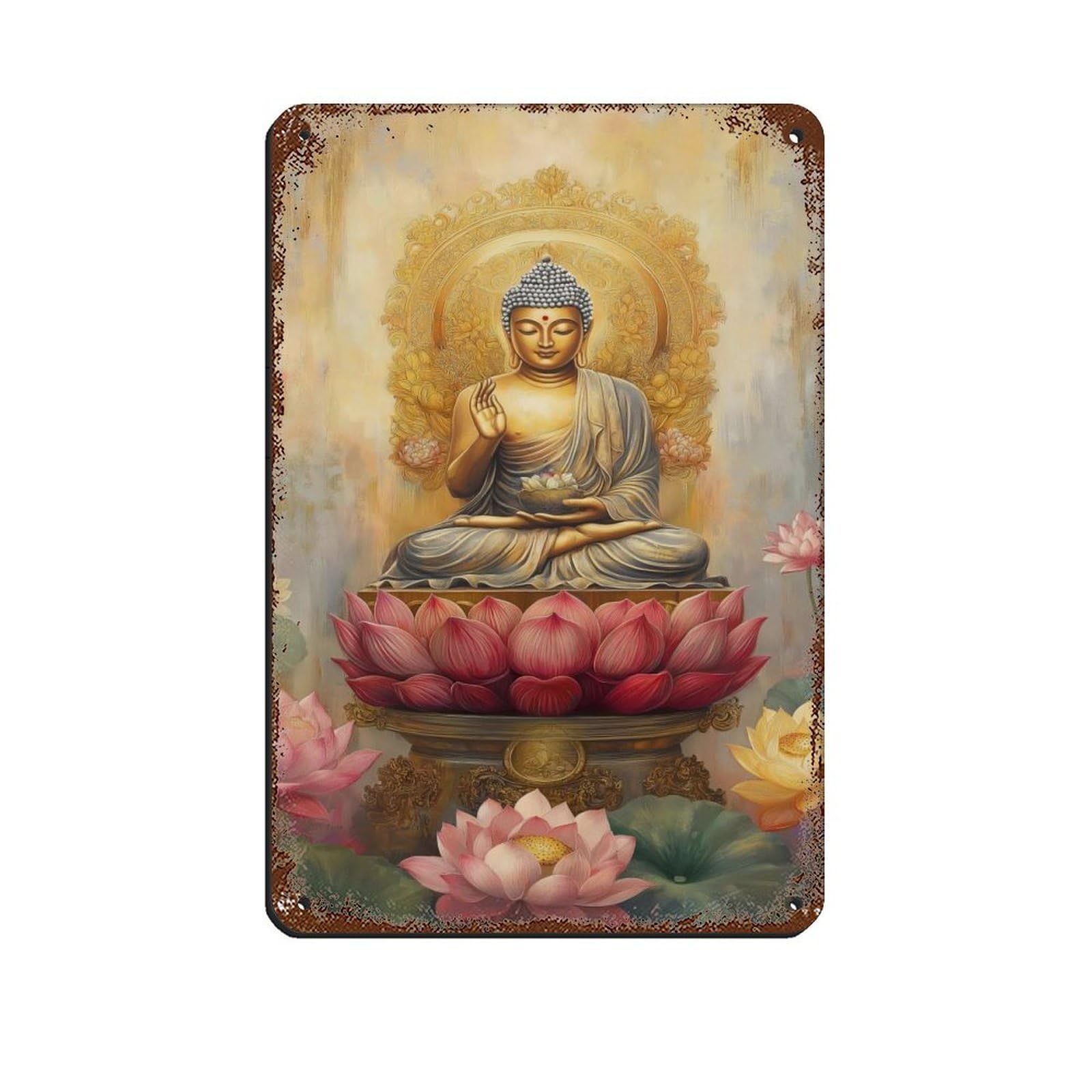 Golden Buddha on Lotus Throne, Spiritual Art Retro Poster Metal Tin Sign Chic Art Retro Iron Painting Bar People Cave Cafe Family Garage Poster Wall Decoration 8x12inch(20x30cm)