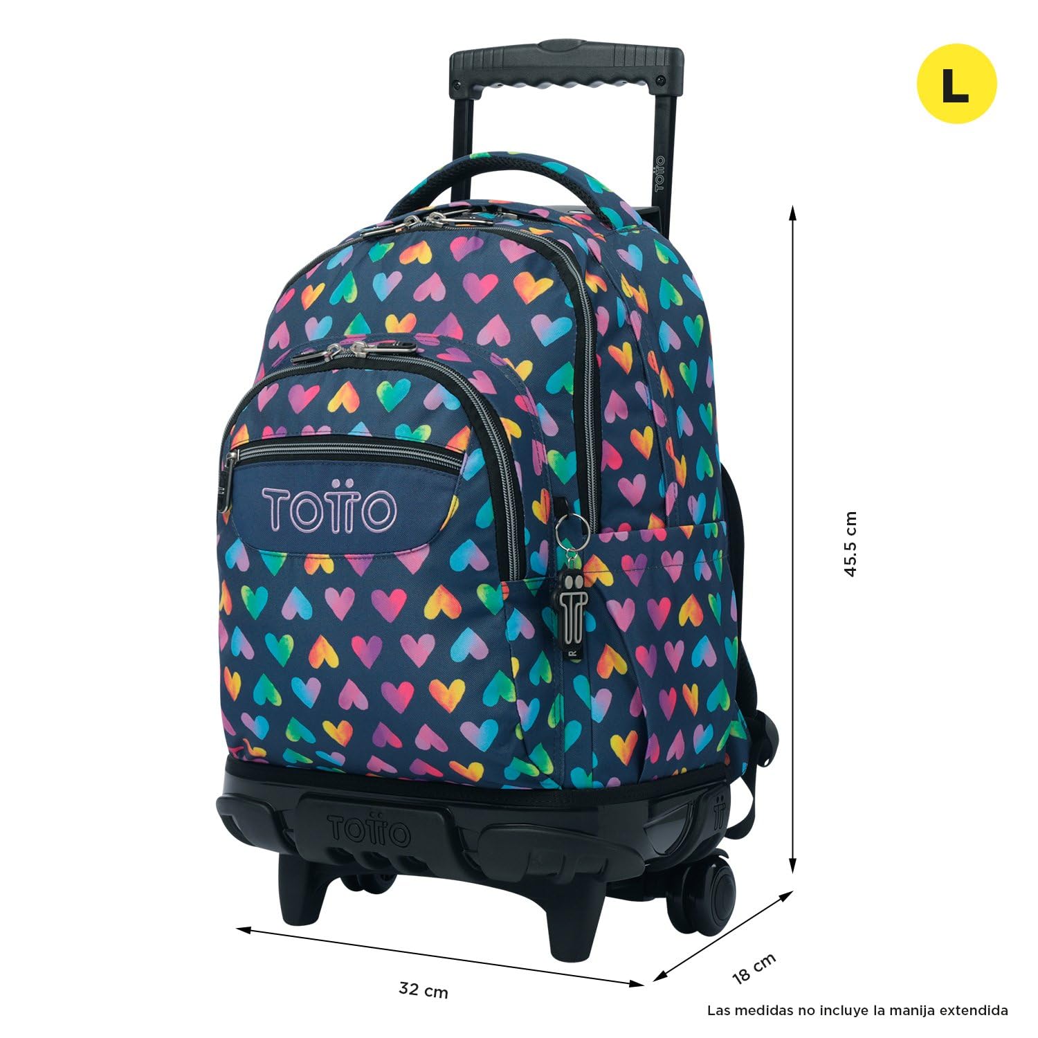 TOTTO - Mochila Escolar con Ruedas, Modelo Renglones, Capacidad 26,21 Litros, Bolsillo para PC 14", Bolsillo Botella, Correas en S para Mayor Comodidad, Resistente, Estampado Latty