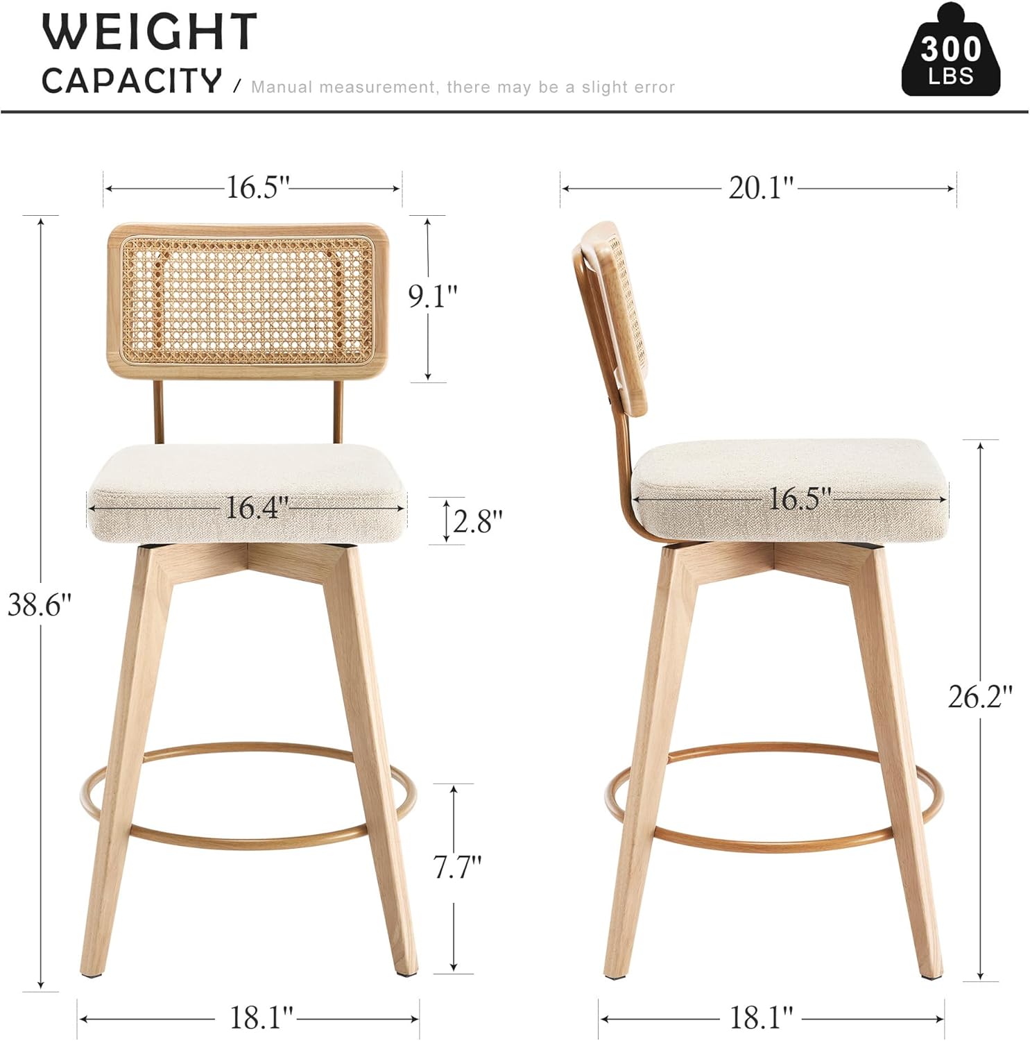 26” Natural Rattan Bar Stools, Swivel Solid Wood Counter Stool Set of 2, Upholstered Armless Bar Chairs with Wooden Legs for Kitchen Island, Beige Linen
