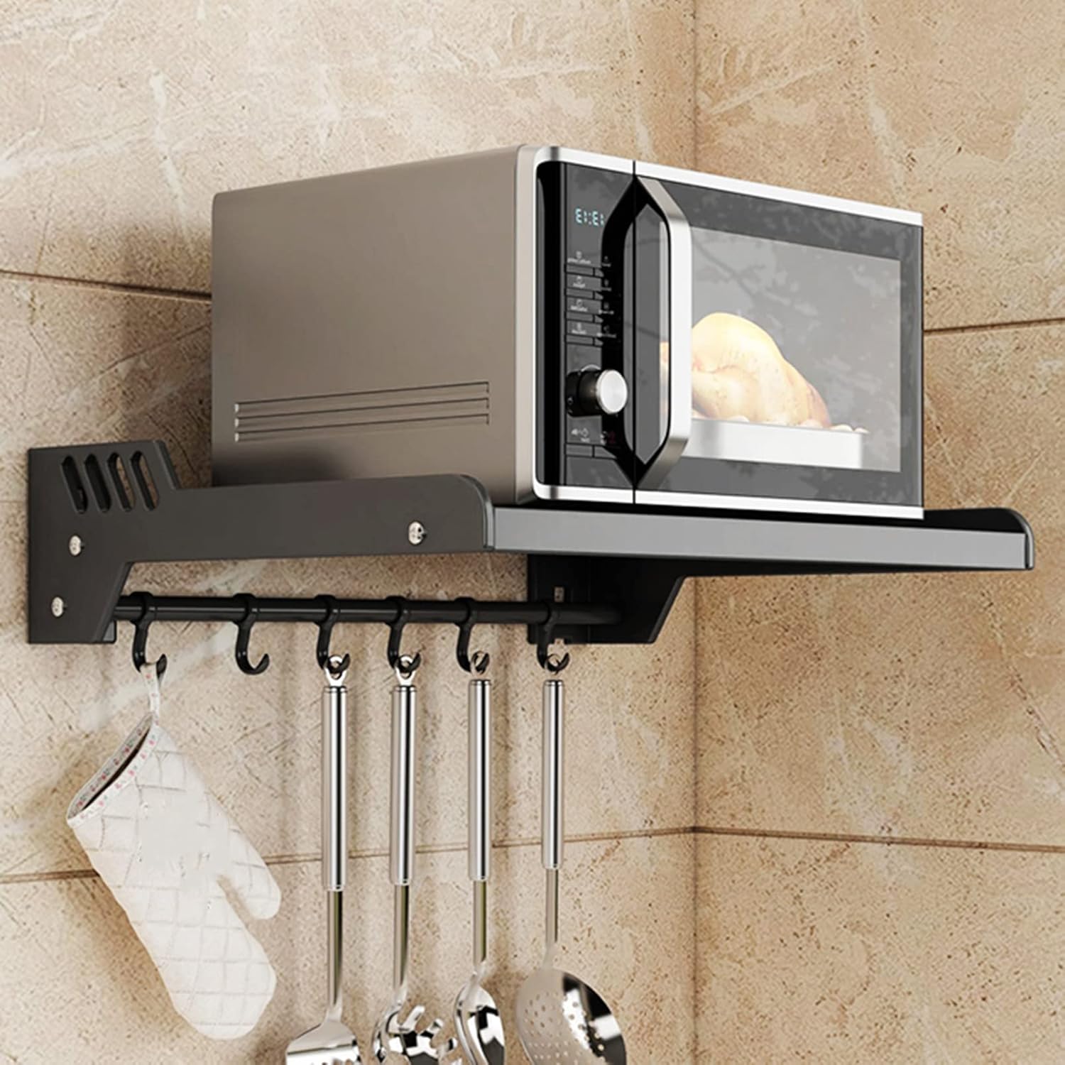 商業/家庭用壁掛けブラケット金属棚、キッチンスパイスラック電子レンジ棚フック付き、多機能収納スタンドホルダー、バスルームオーガナイザ