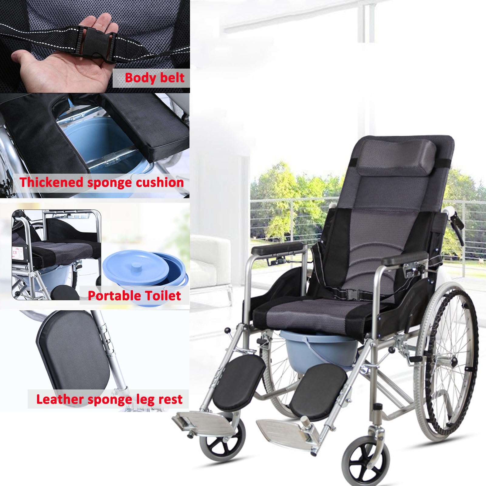 Silla de Ruedas Plegable reclinable, reclinable Ajustable en 6 Posiciones, cómodo Respaldo Plegable con Brazo y Pata de elevación, para Silla de Ruedas estándar para Adulto