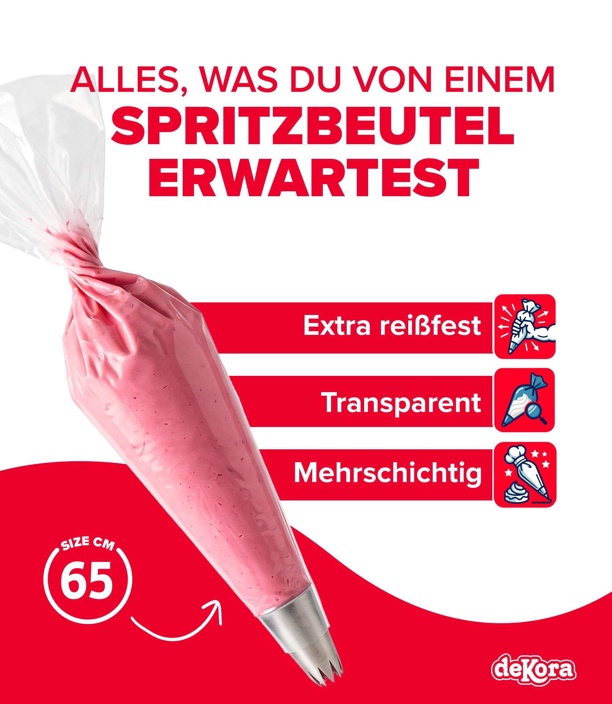 dekora - Spritzbeutel Einweg 100 Stück, 65 cm Größe XL, 80 Mikron, reißfest | Mehrschichtig, transparent und extra reißfest; für Cremes, Glasuren und Schokolade sowie zur Aufbewahrung vor dem Dressieren.