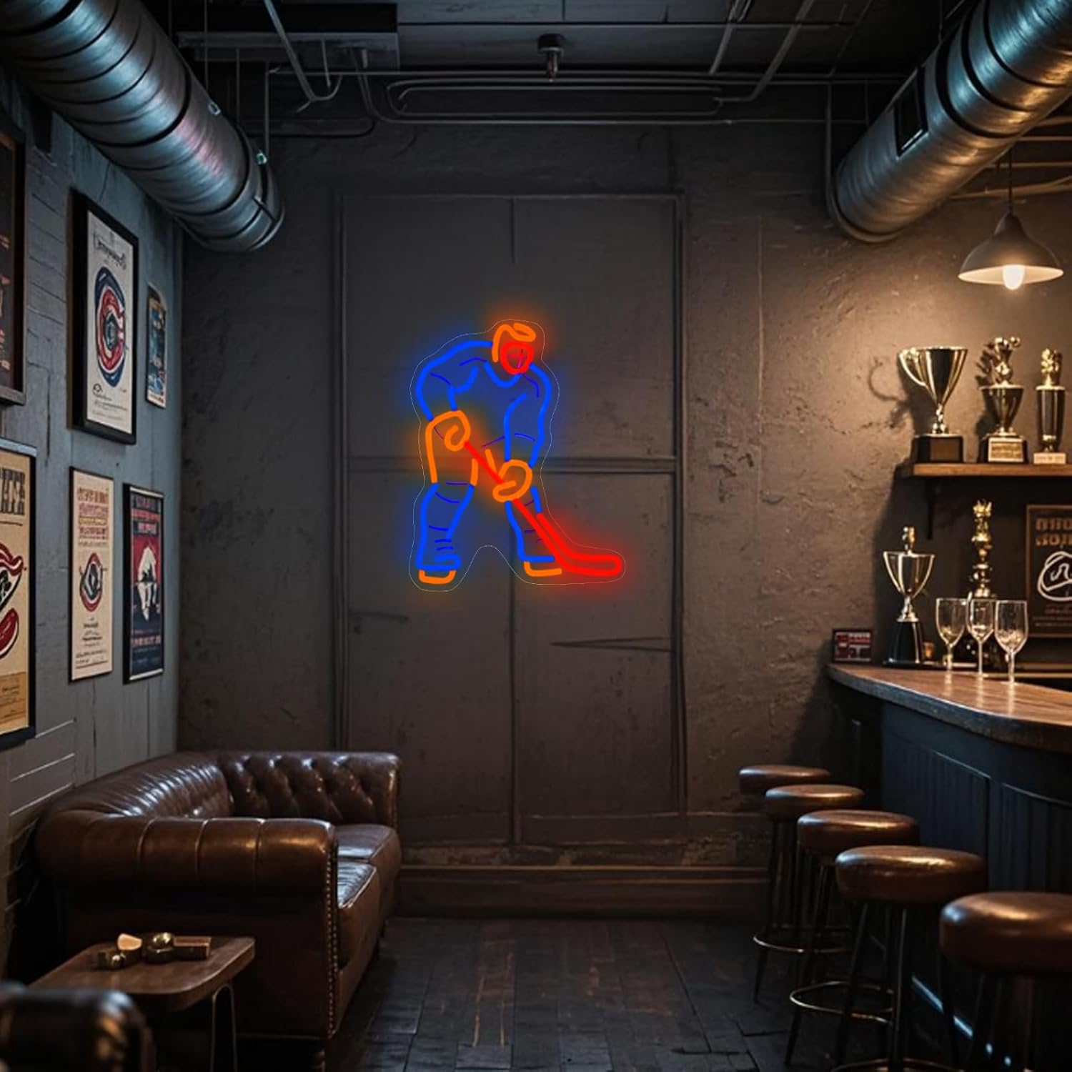 Hockey Player Neon Sign in Blue & Gold - Dimmable LED Wall Decor for Man Cave, Sports Bar & Locker Room | The Ultimate Gift for Hockey Men, Coach & Players (16x13in)