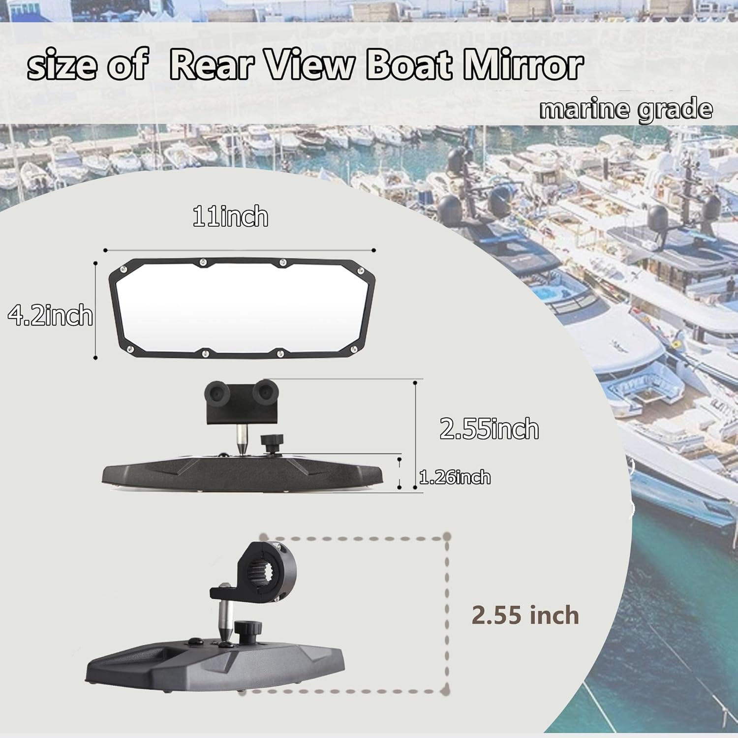 Rear View Boat Mirror 11"x4.2", Wide-angle Convex Rear View Mirror,Universal Marine Mirror Fit for Ski Boat Pontoon Yacht Boat Sports,Suitable for circular and square tubes