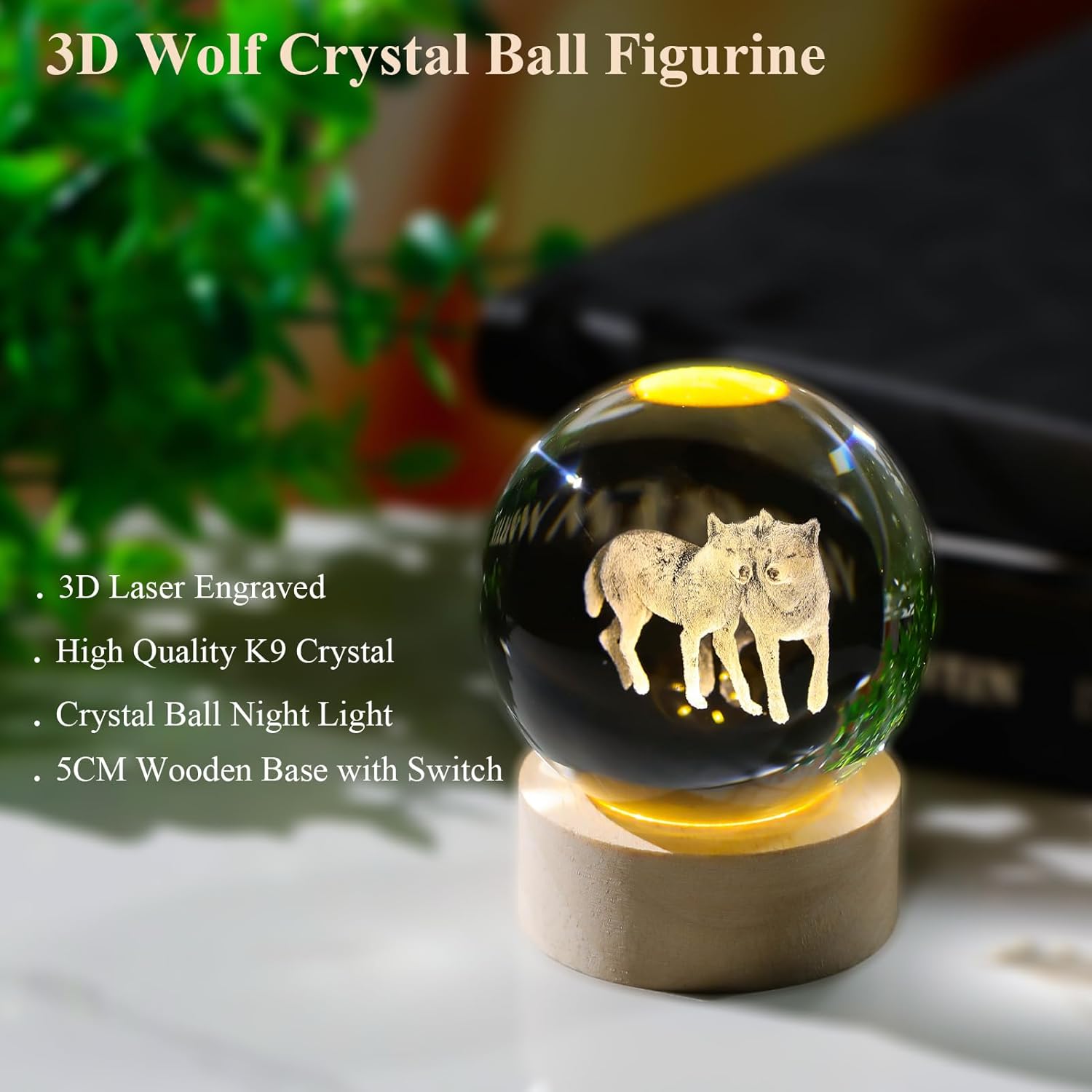 3D Crystal Wolf Figurines Gifts for Wolves Lovers, Wolf Crystal Ball Night Light with Wooden Base, 3D Laser Engraved Decorative Glass Ball Paperweight for Home Office Deocr. - Image 2