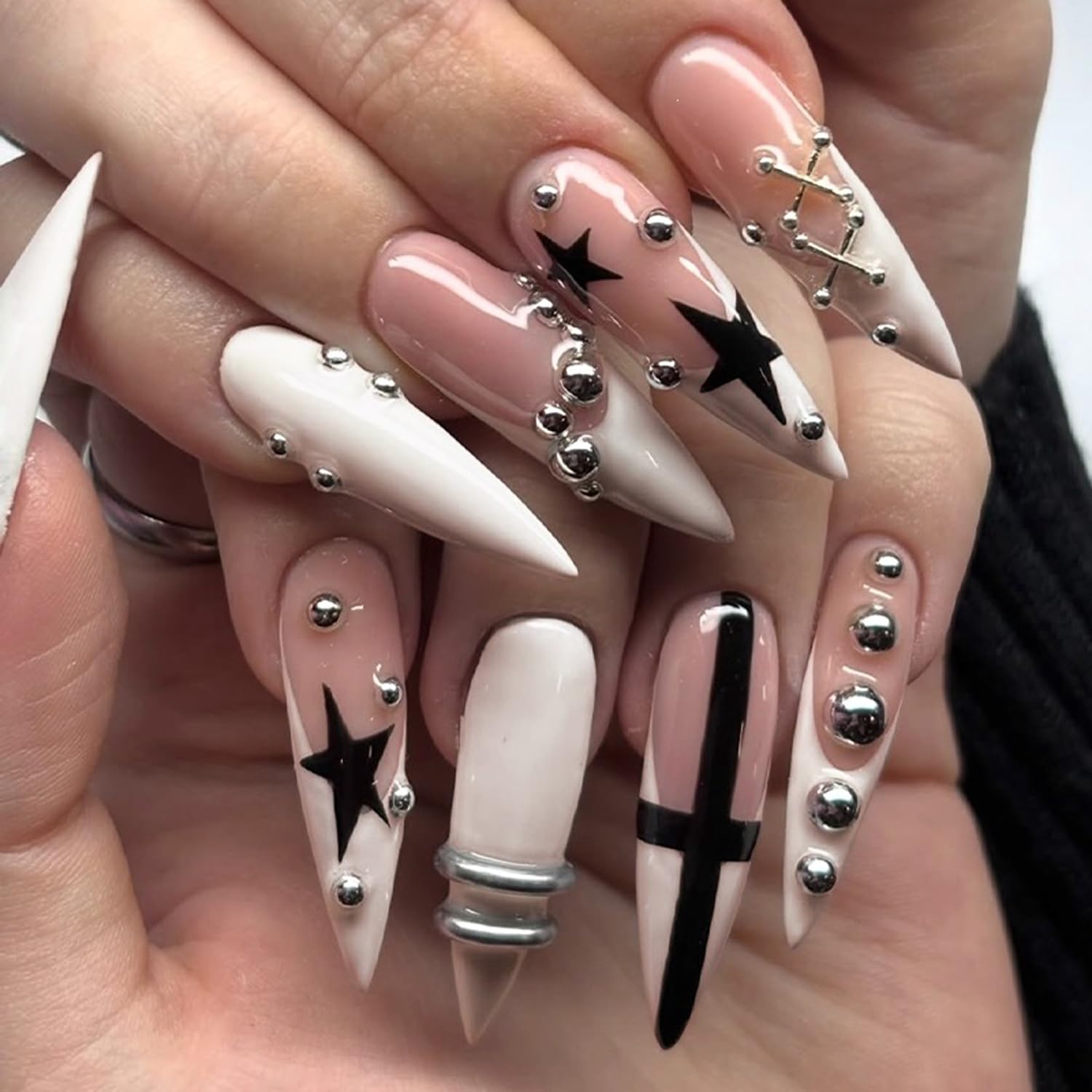 Stiletto Press On Nails Long Fake Nails Leopard Print With Glitter Design French Tip False Nails Artificial Glossy Reusable Acrylic Nail Full Cover Stick On Nail For Women Manicure Art 24pcs