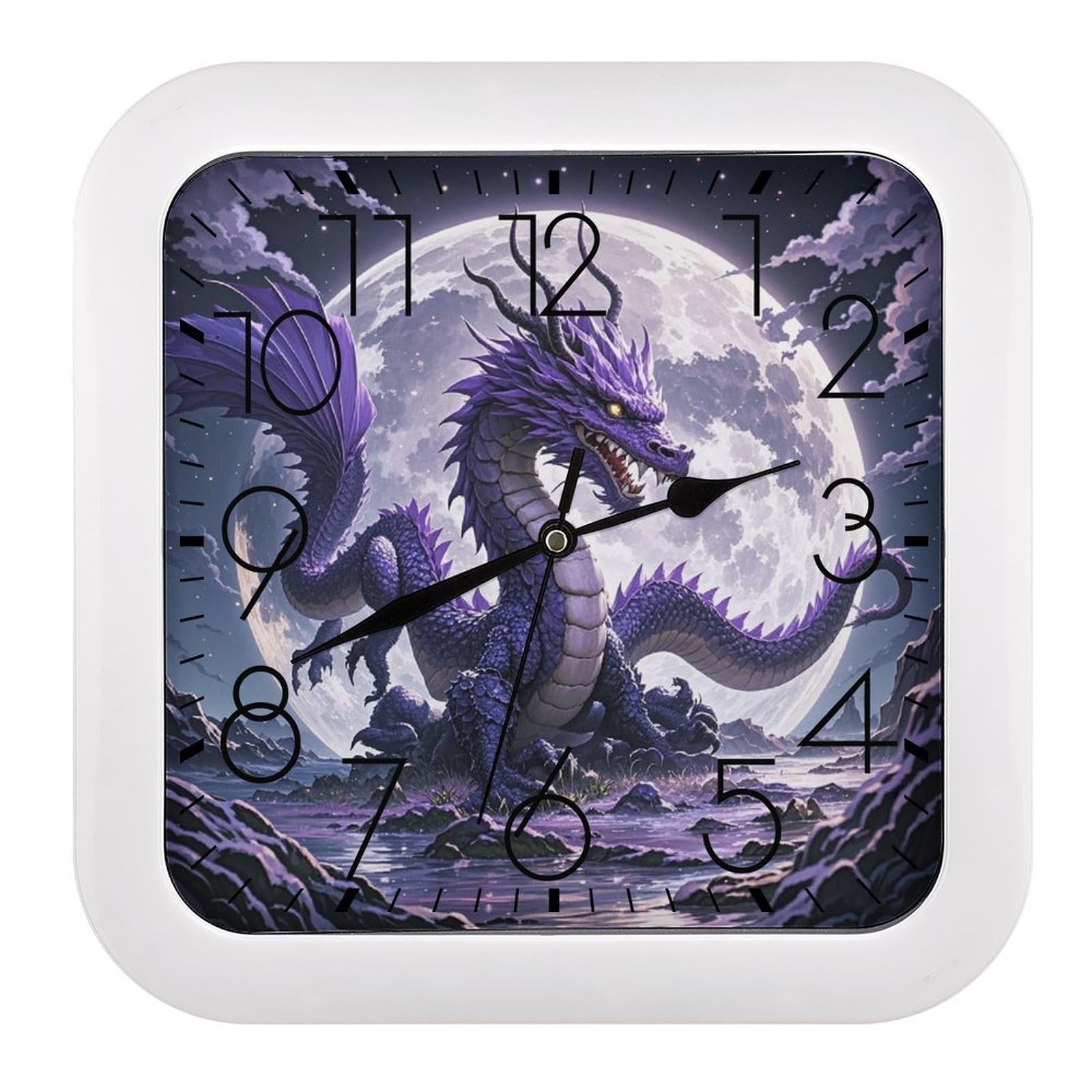 LZQPOEAS Purple Dragon Purple Moon Wall Clock Fashionable Versatile Silent Wall Clock Simple Elegant Non Ticking Analog Clocks Easy to Install Square Modern Clocks for Home Decoration
