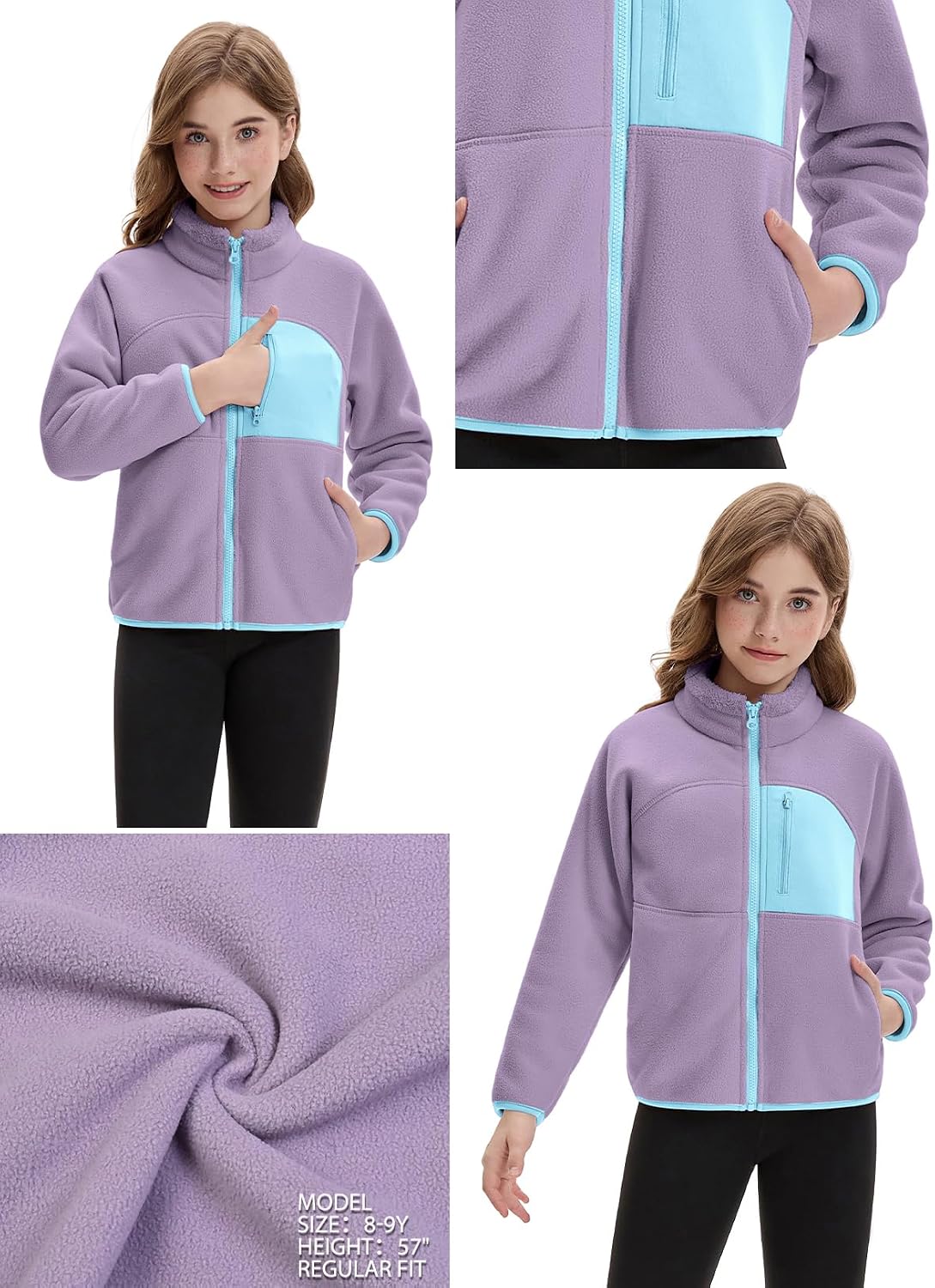 Mirawise Girls Fleece Jacket Color Block Zip Warm Coat With Pockets 6-13Y