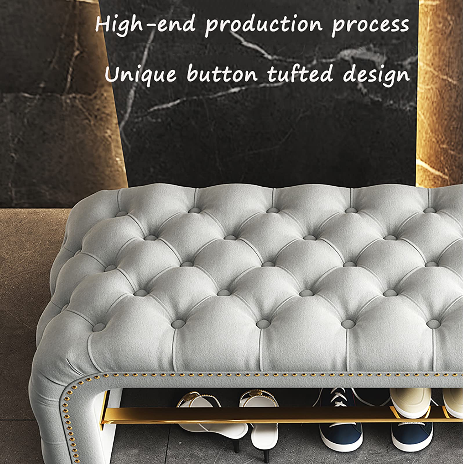 Aukfa Storage Ottoman Bench with Crystal Buttons for Bedroom  gray brown button tufted shoe/bed bench main image 2