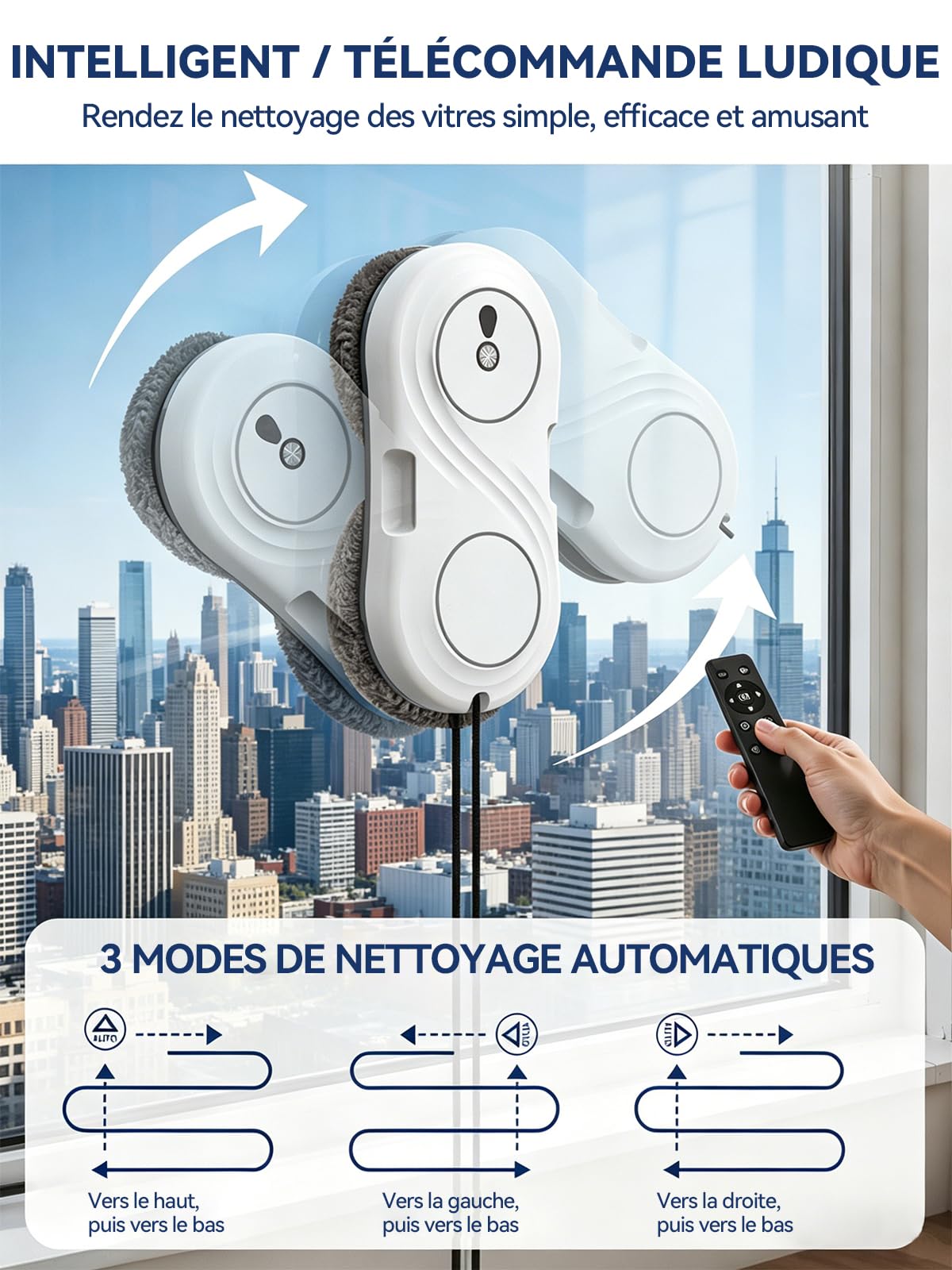 Keero Laveur de Vitre Automatique, Robot Lave-Vitres Navigation Intelligente, 7000pa, Nettoyage à Double Hélice, Protection Antichute, avec 10 Chiffons de Nettoyage, WD12D