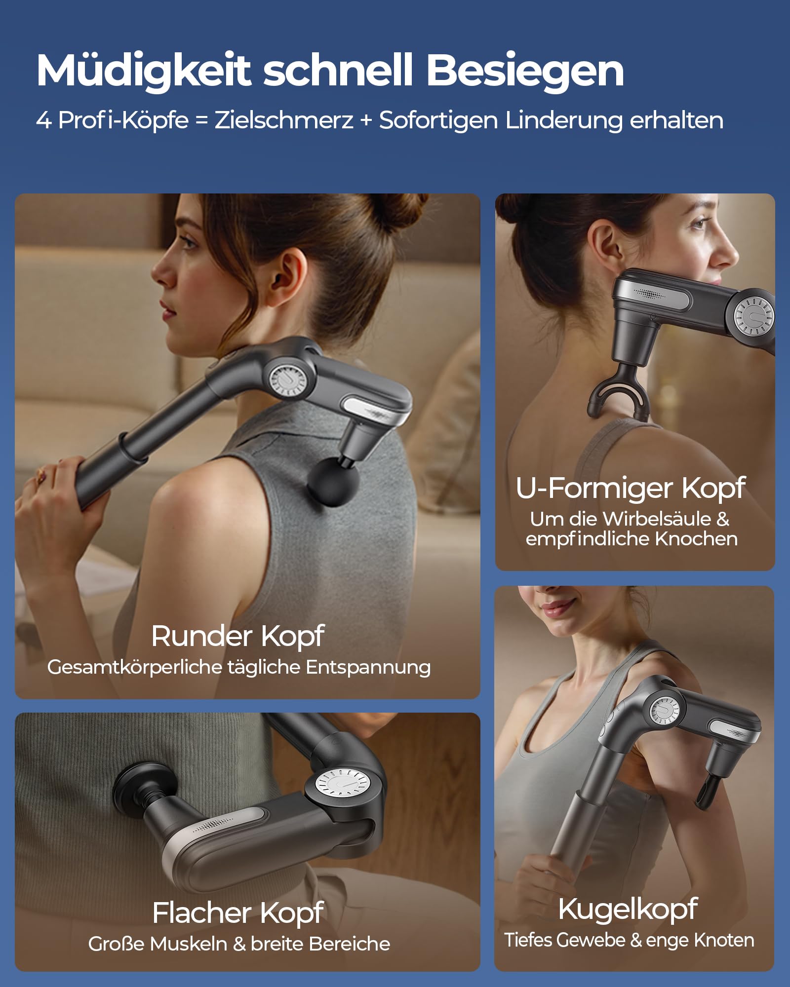 KingPavonini Massagepistole mit Ausziehbarem Griff & Klappbarem Kopf, Massage Gun Massagegerät Rücken mit 3 Verstellbaren Winkeln & 4 Massageköpfen, Massage Pistole Geschenk für Männer und Frauen
