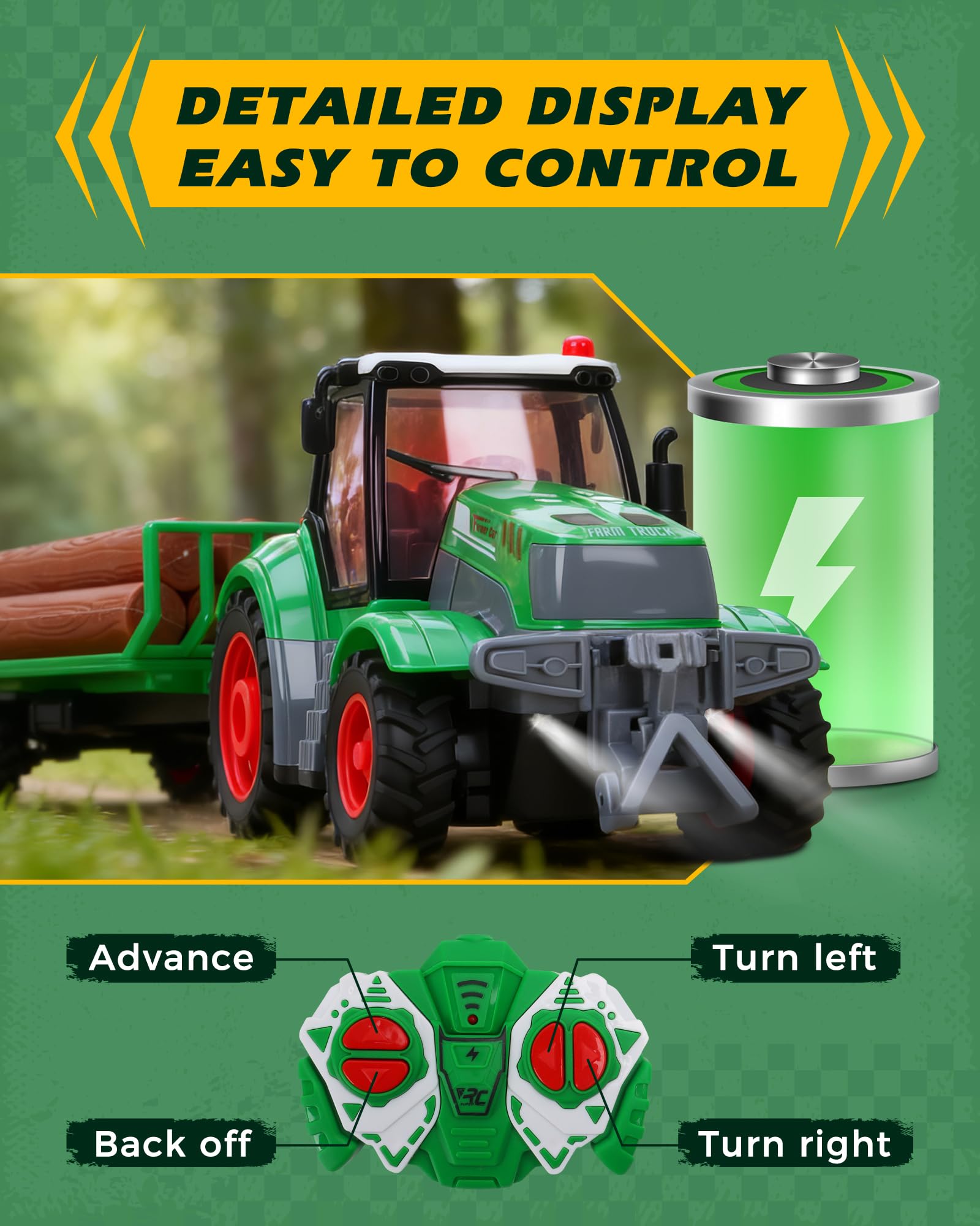 Juguetes de tractor a control remoto, camión a control remoto a escala 1/24 con troncos de madera realistas, remolque desmontable y luz, juguetes de vehículos agrícolas recargables para 6