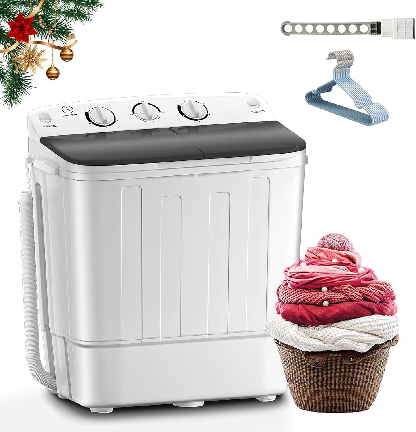Portable Twin Tub Washing Machine, Buy 1(washer) Get 1(Dry Rack) Free! 11 lbs Washer Mini Compact Laundry Machine and 7 lbs Spinner, Semi-automatic Washer Combo for Dorms, Apartments(black) (18lbs black) Thumbnail