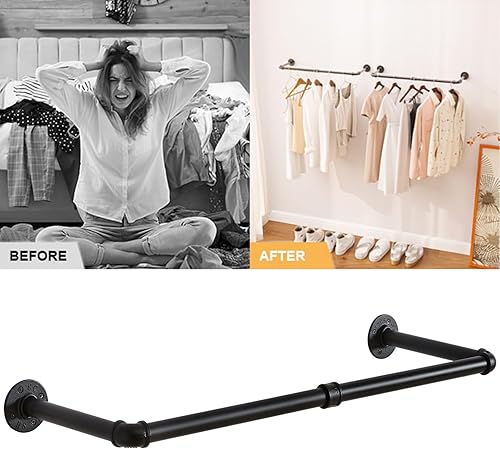 Miniatura 5 de IBUYKE TYJ001H-2 - Juego de 2 percheros industriales para colgar en la pared, 37 pulgadas, para ahorrar espacio, barra de ropa desmontable