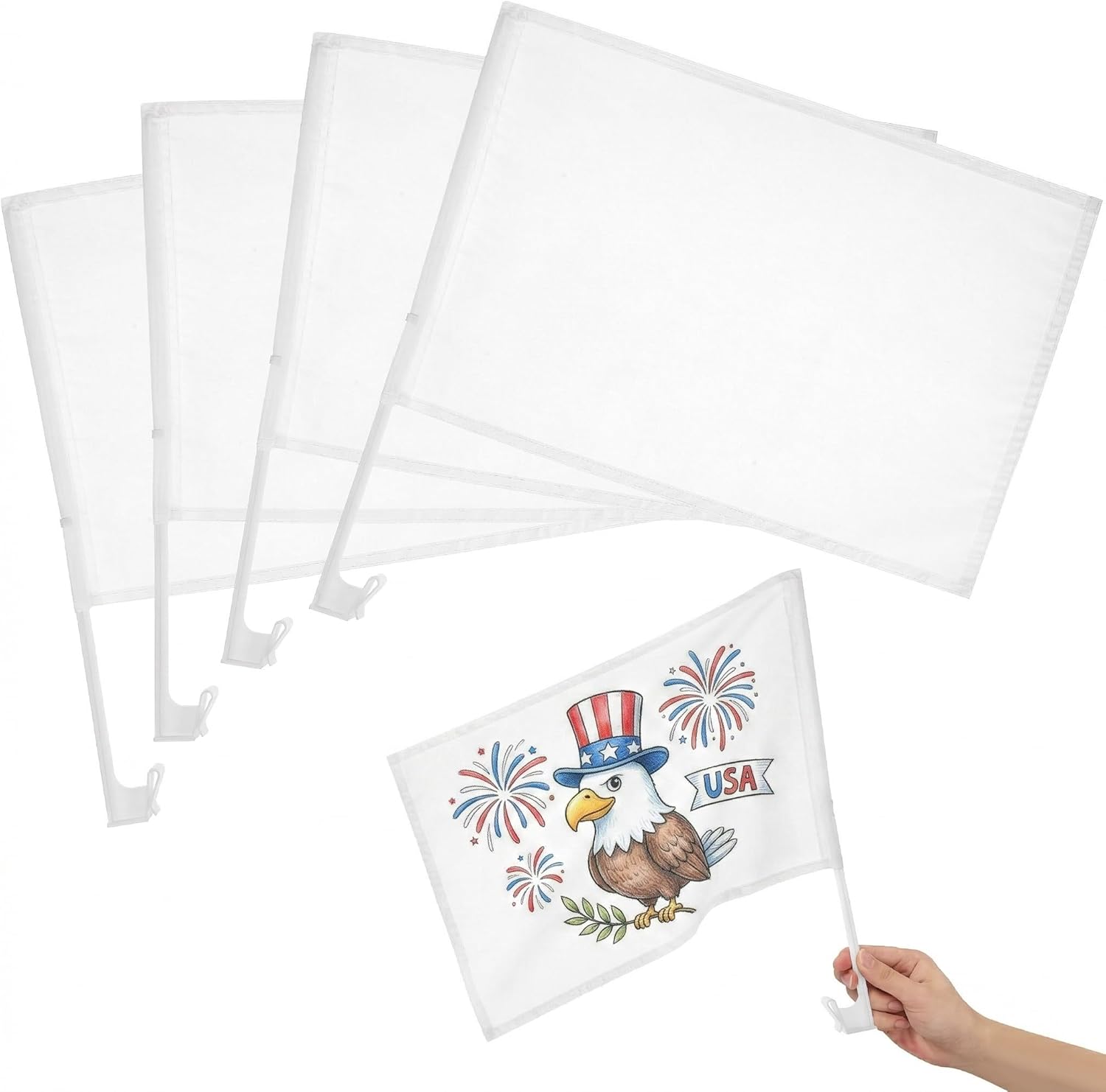 DECHOUS 4Pcs Sublimation Car Flags for Windows: Blank White Flag with Pole for Car Window - 18x17 Inch - DIY For Sublimation Patriotic Outdoor Garden Festival Personalized
