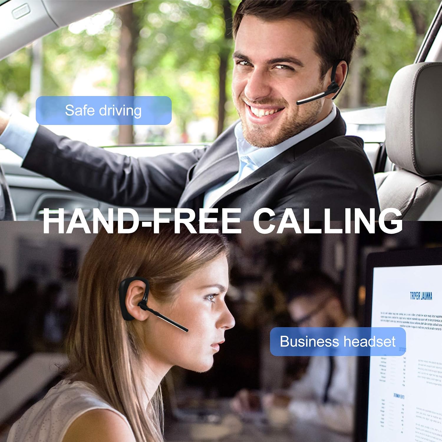 AUXBLUE Bluetooth Headset V5.1, 23 Hrs HD Talk time CVC8.0 Dual Mic Noise Cancelling Bluetooth Earpiece, Hands-Free Wireless Headset for Cell Phone iPhone Android Laptop PC Trucker Driver