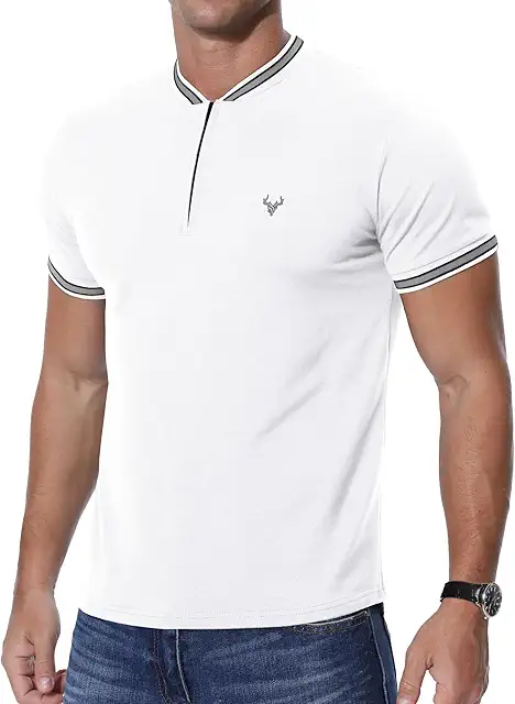 Polo Cuello Mao Hombre: Camiseta Henley Cremallera Diseño Ciervo, Manga Corta, Ajustado
