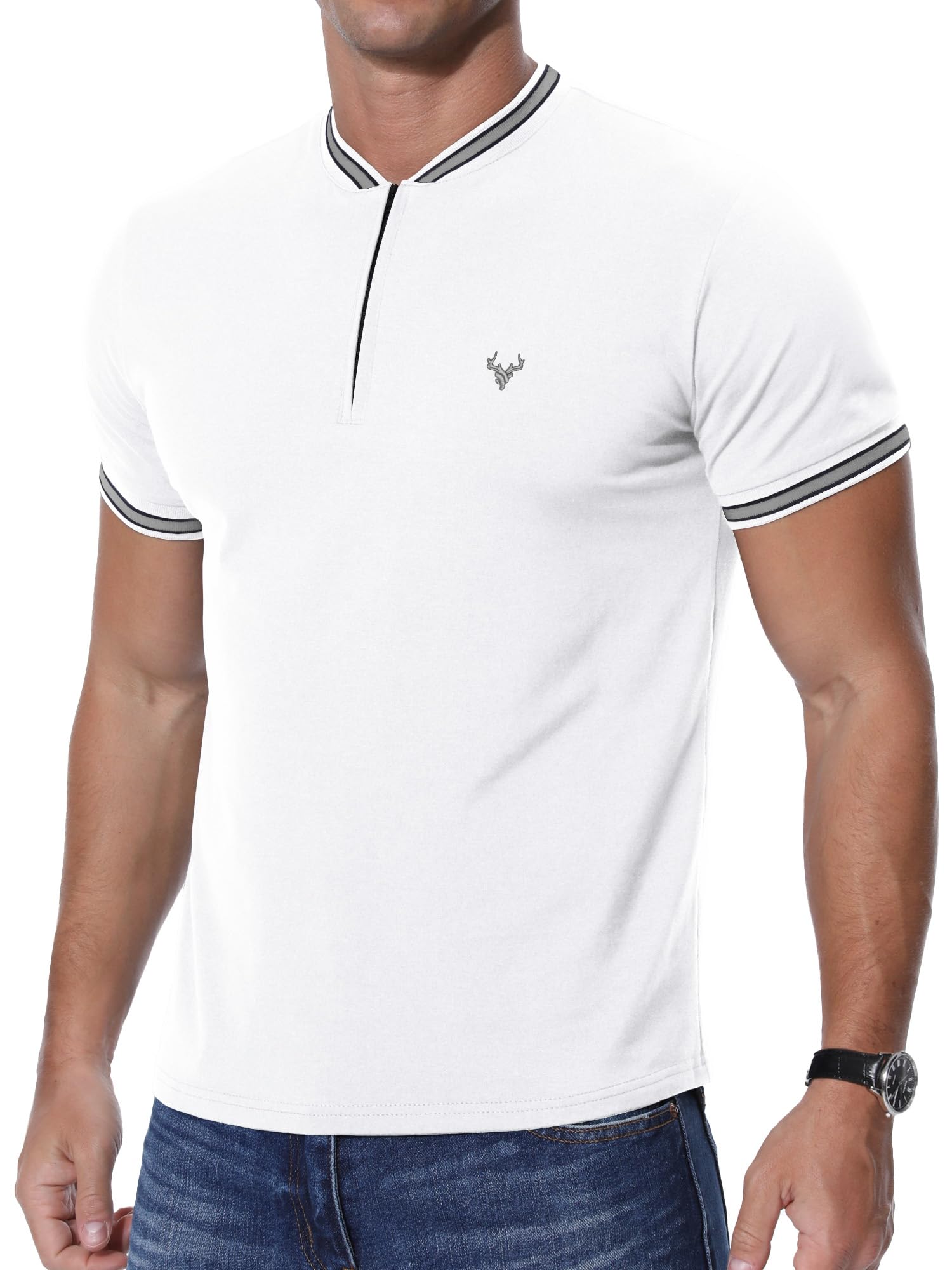 KUYIGO Camiseta Henley con cremallera para hombre, diseño de cabeza de ciervo, manga corta, corte ajustado