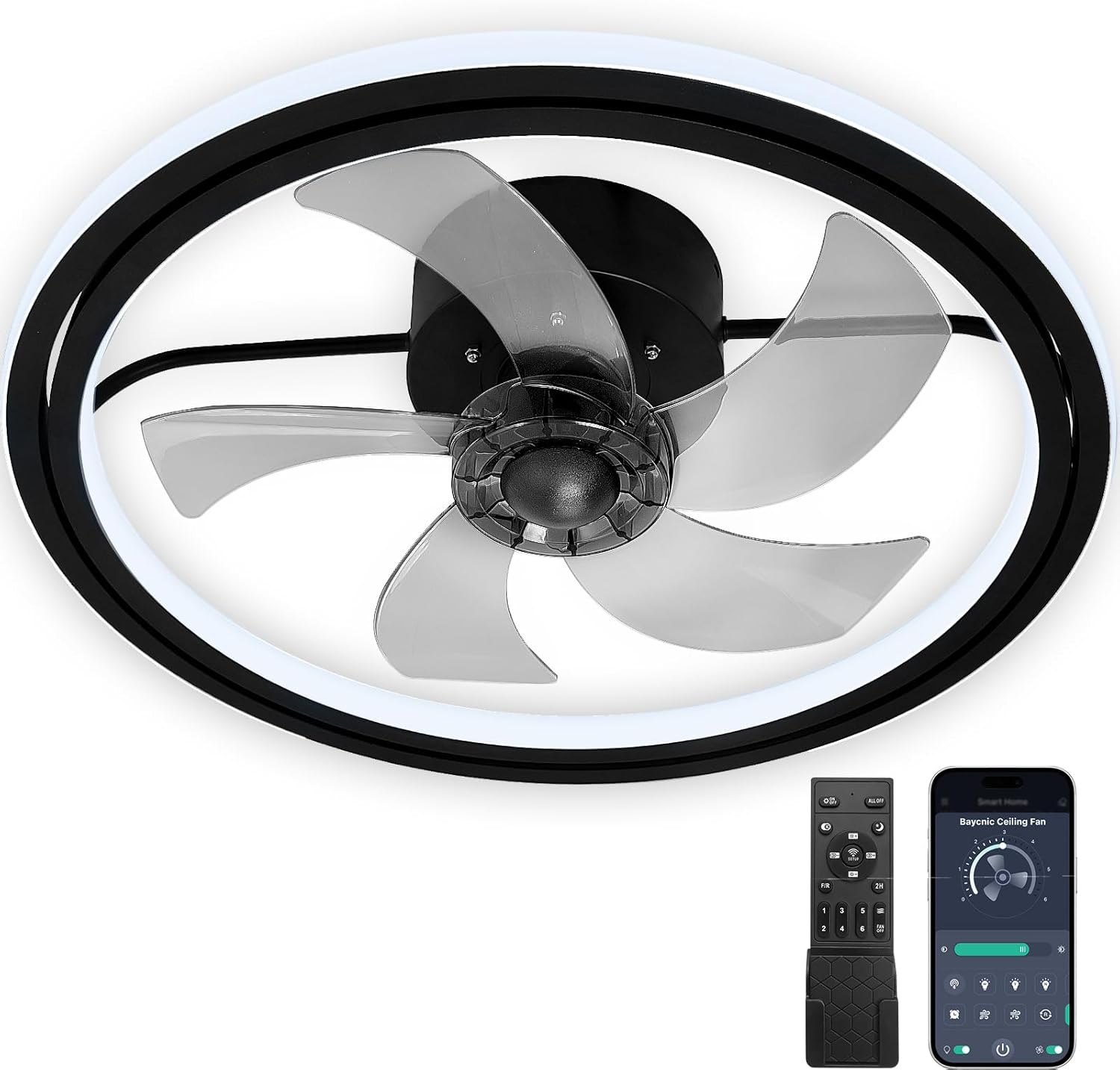 Ceiling Fan with LED Light,Low Profile Ceiling Fans, Flush Mount Modern Ceiling Fans,Fandeliers Ceiling Fan Fixture with App&Remote Control, for Bedroom/Kitchen/Small Room,Black