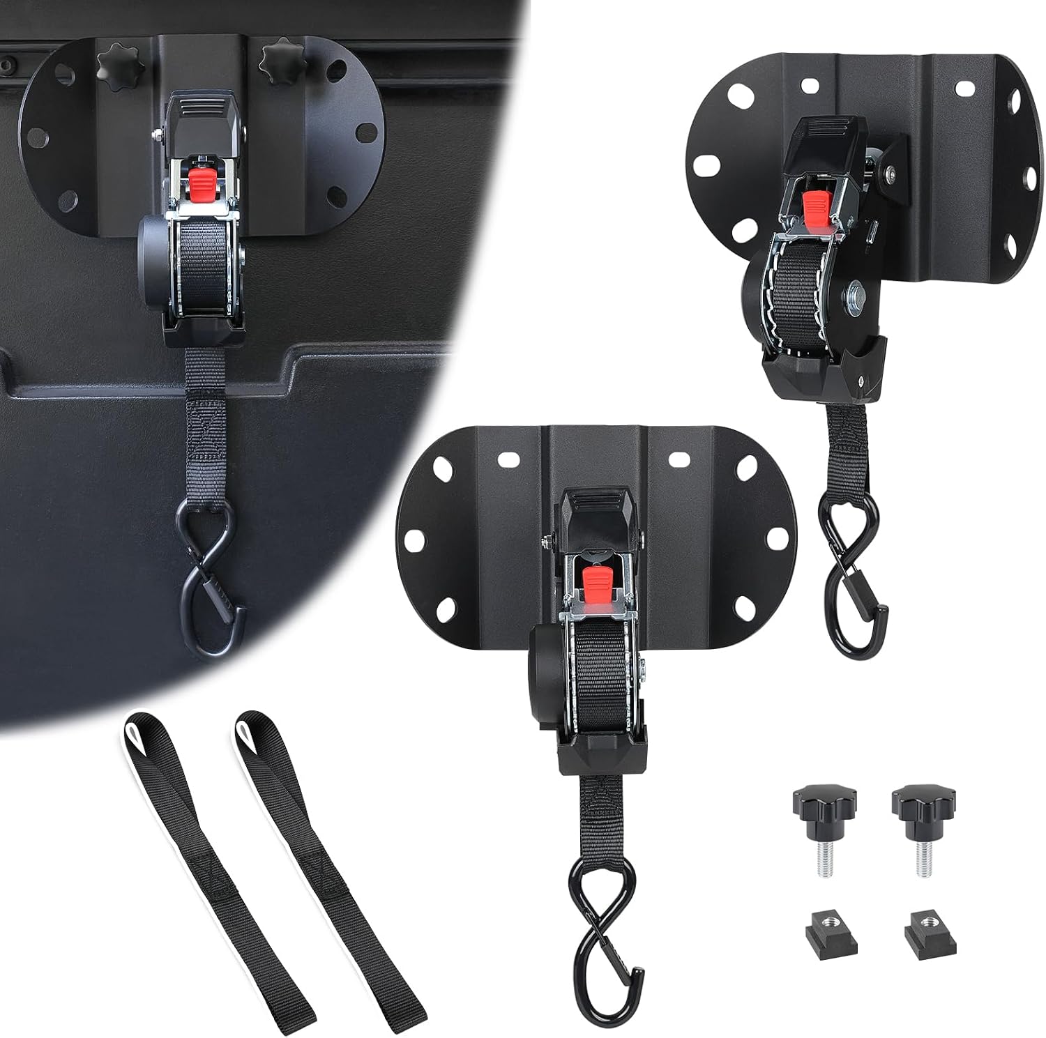 2PCS Retractable Ratchet Straps Compatible with Toyota Tacoma 2005–2026 & Tundra 2008–2026, 360° Rotating Tie Down Straps with Self Retracting Ratchet, Truck Bed Rail Mount