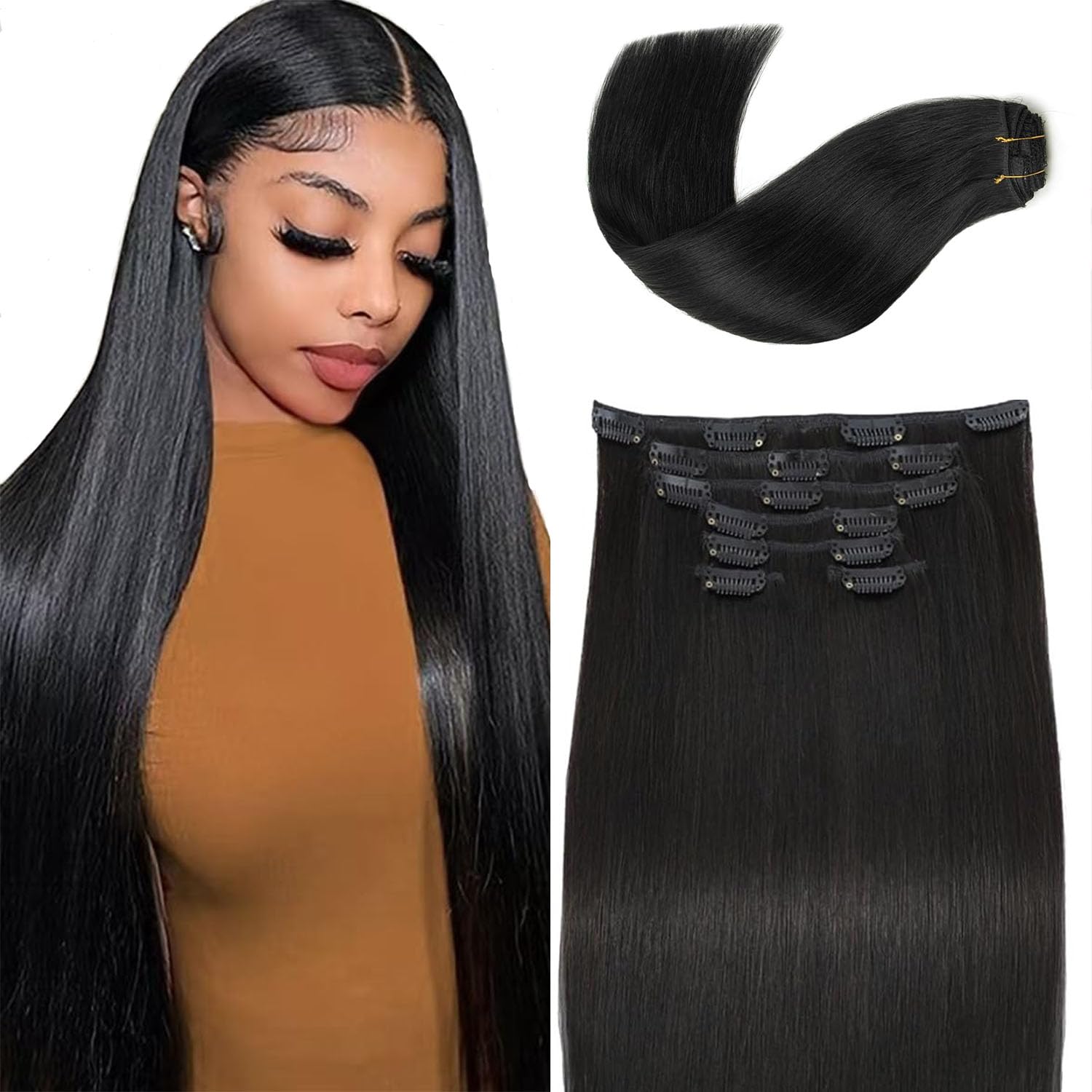 Clip in Hair Extensions Real Human Hair 100% Brazilian Virgin Human Hair Double Weft 7pcs with 16 Clips 20 Inch 120g 1B Natural Black