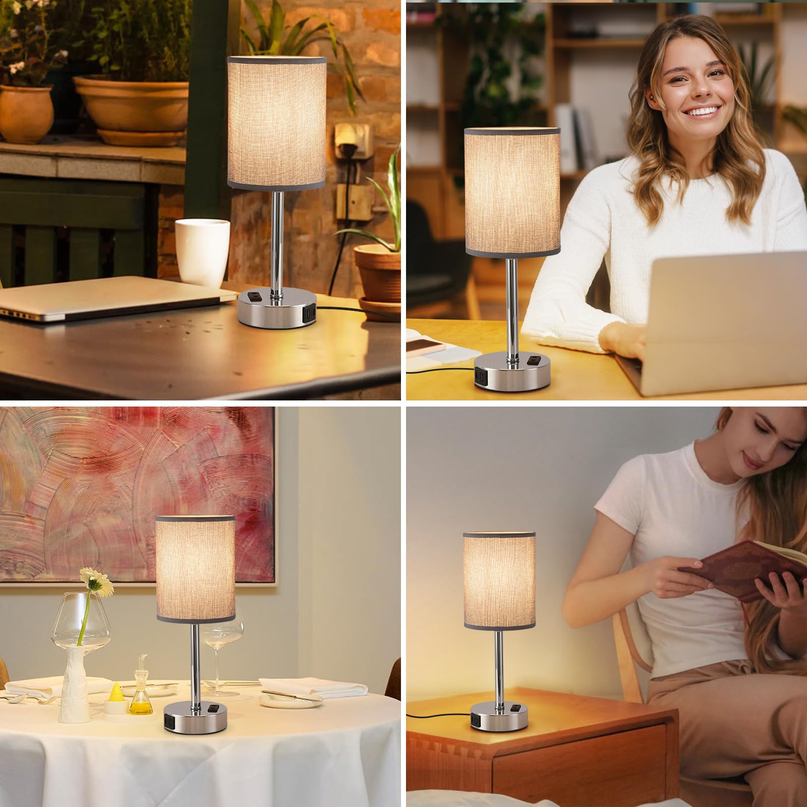 LED Nachttischlampe Touch Dimmbar 2er Set, Tischlampe mit Ladefunktion USB A+C-Anschlüssen, Kleine Lampe für Nachttisch Schlafzimmer Wohnzimmer Babyzimmer Büro (Grau-2 Stück)