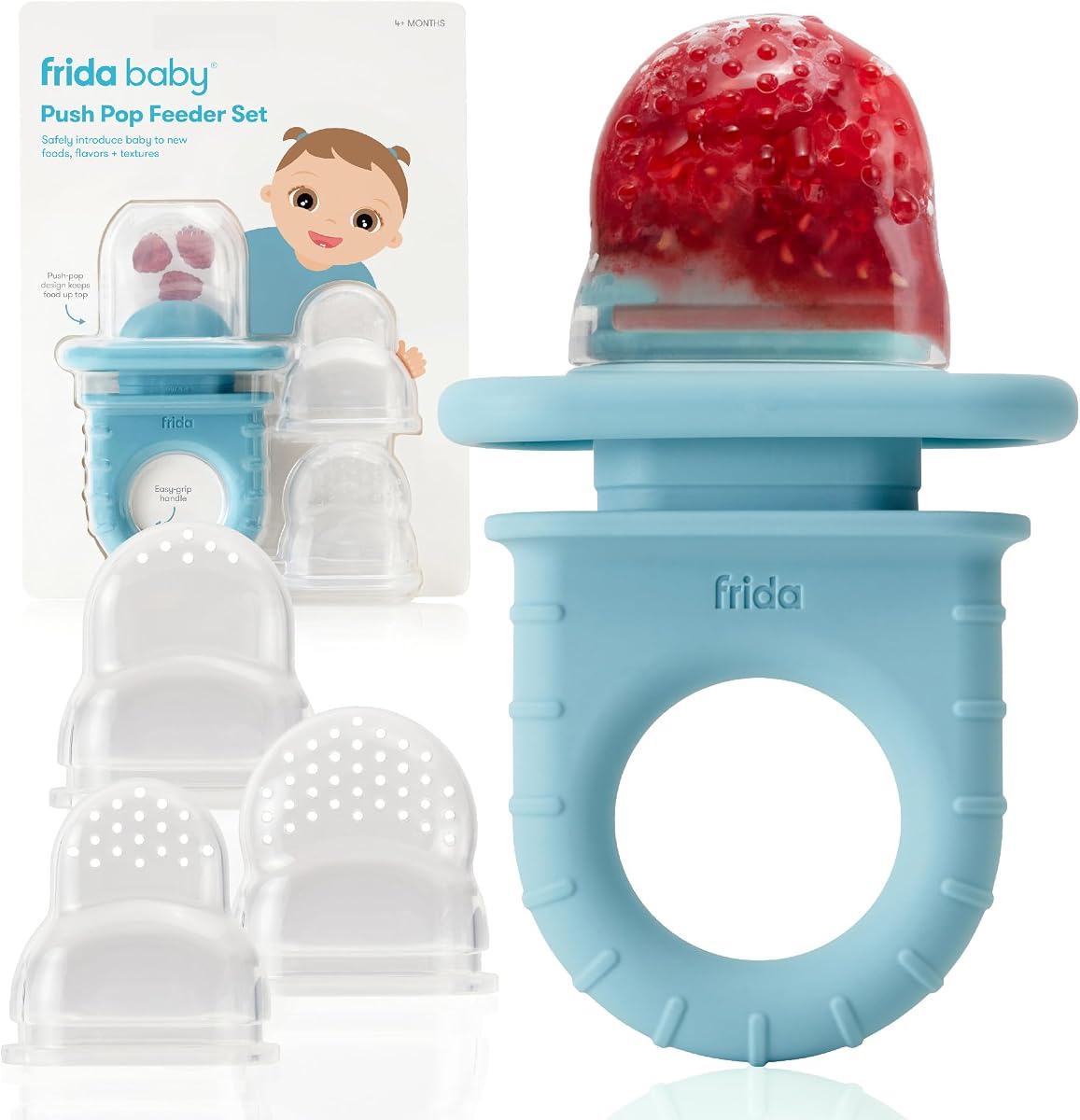 Comedero Frida Baby Push Pop, comedero de frutas para bebé, 3 unidades, azul, 3 unidades, azul | Alimentador de frutas para bebés para introducir nuevos alimentos de forma segura, frescos y congelados, sin BPA, apto para lavavajillas