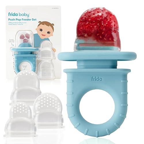 Frida Baby Comedero Push Pop, alimentador de frutas para bebés para introducir de forma segura nuevos alimentos, frescos y congelados, silicona, sin