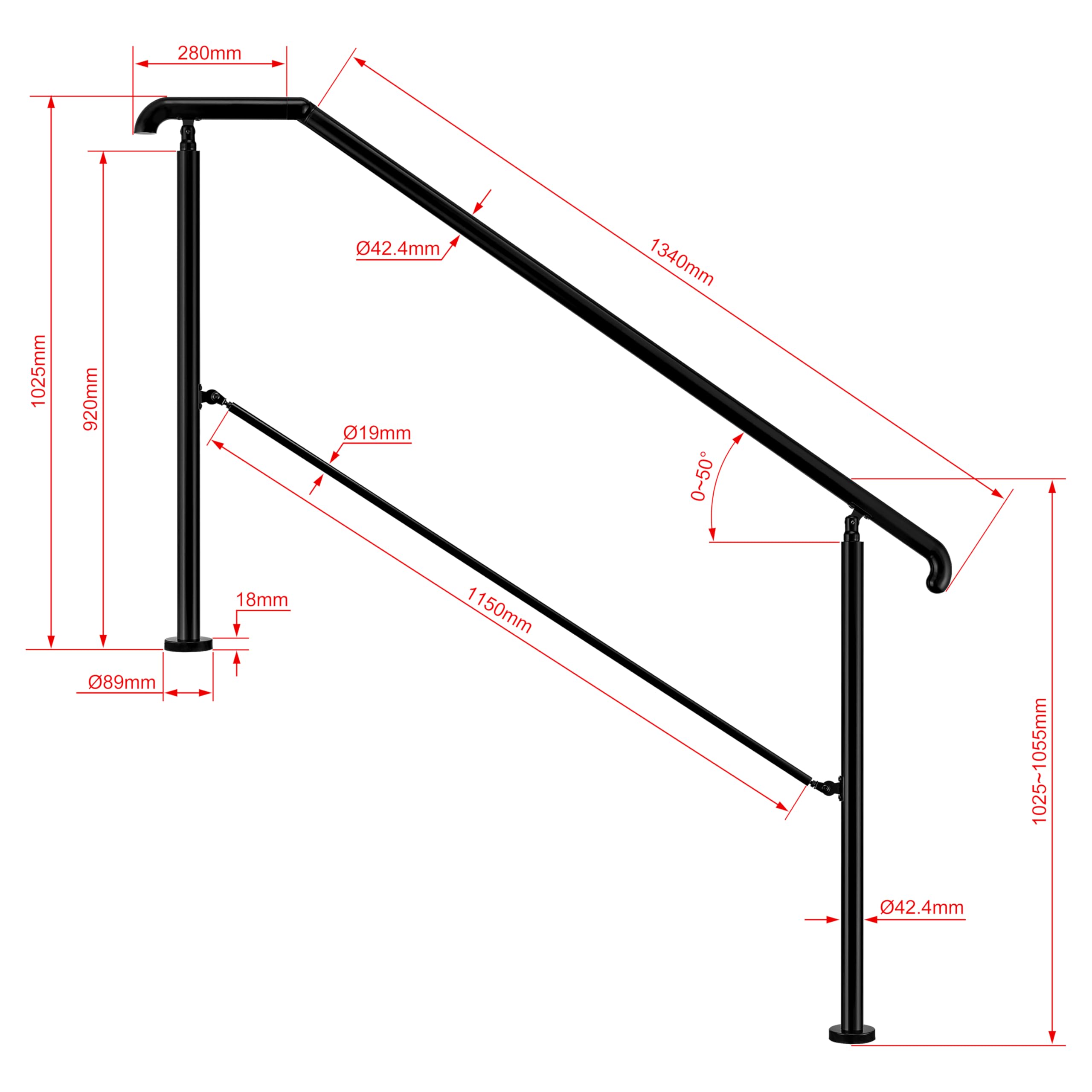AICA Barandilla de escalera, Barandilla de entrada de acero inoxidable, ángulo de montaje ajustable, Barandilla para entradas, interior y exterior, Negro, 162x102 cm