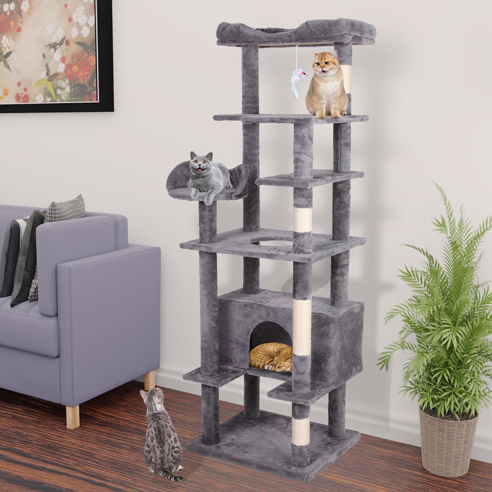 71'' Velvet Cat Climbing Frame, Multi-Level Cats Tree Tower with Scratching Posts, Large Top Padded Perch and Playhouse, Anti-Tipping Devices for Indoor Cats Activity Center (Antique Gray)