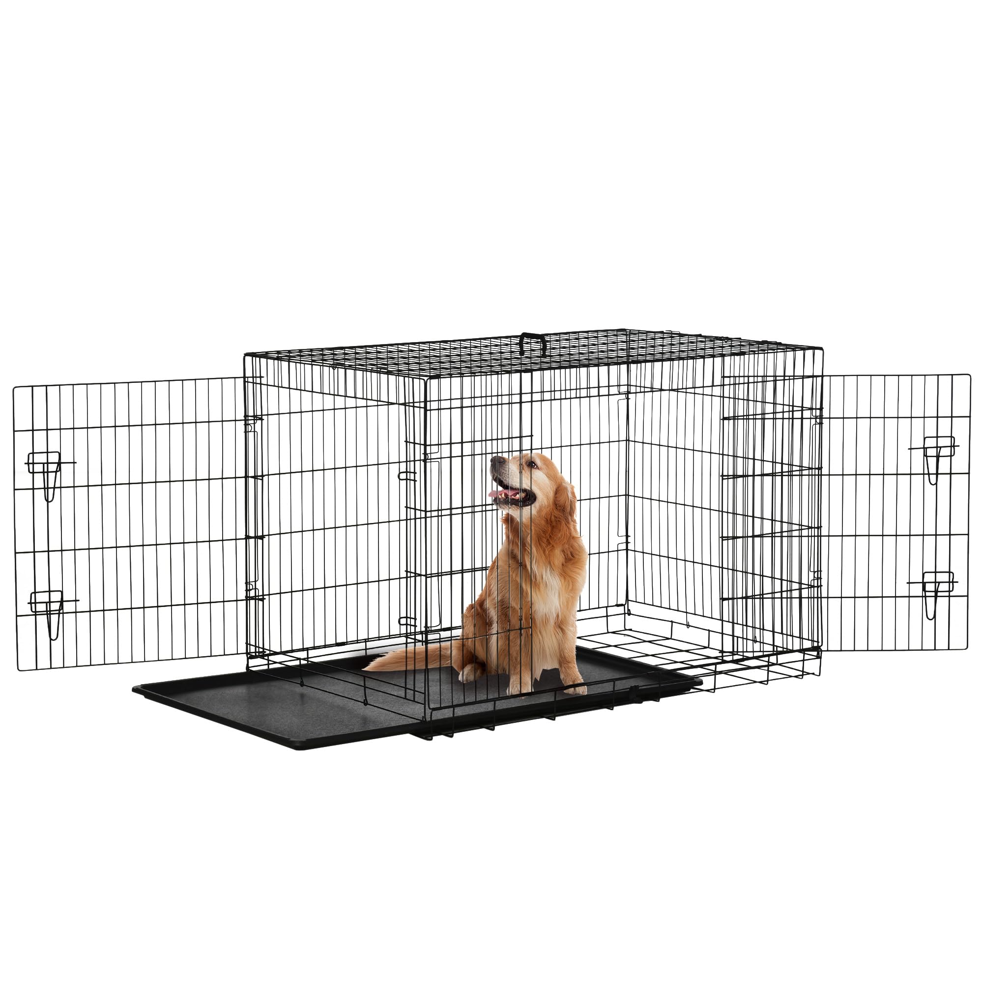 PawHut Gabbia Trasportino per Animali Domestici Pieghevole in Acciaio Doppia Porta 122 × 77 × 82cm Nero | Gabbia per Cani da Interno, Maniglia Superiore, Doppia Apertura