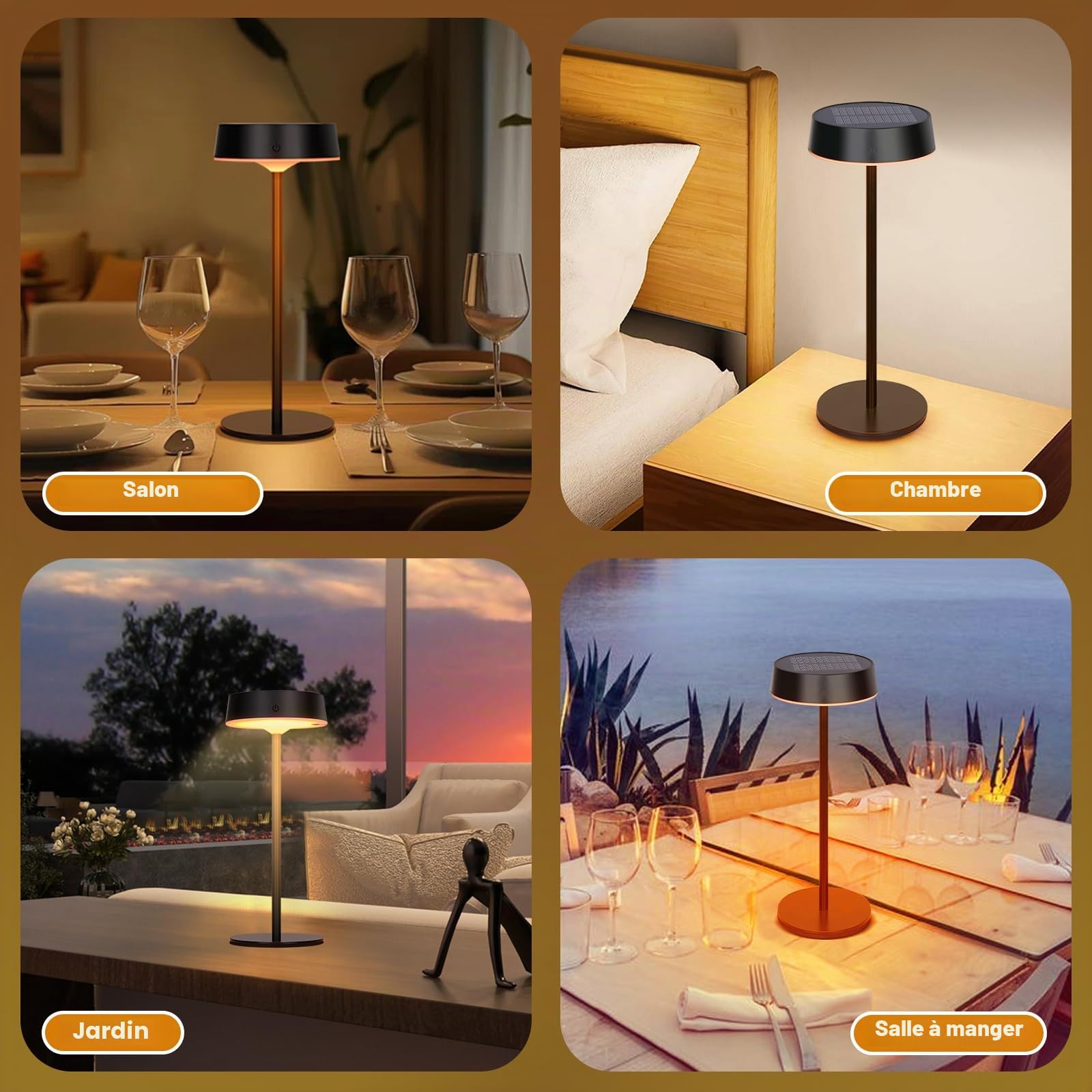 Lampe de Table LED Sans Fil & Solaire d'Extérieur avec Interrupteur Tactile, Rechargeable par USB, 3 Températures de Couleur, Intensité Variable en Continu pour Intérieur & Extérieur (Noir*Lot de 2)