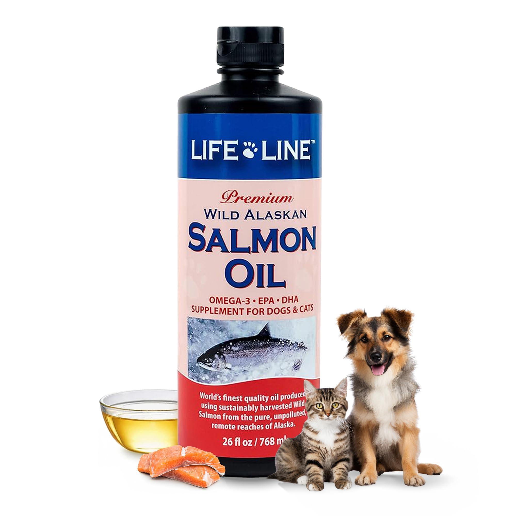Life Line Wild Alaskan Salmon Oil Omega-3 Supplement for Dogs and Cats | DHA & EPA for Healthy Skin, Coat, Brain & Heart – 26 oz