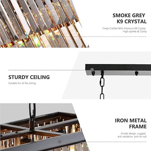 Miniatura 6 de Siljoy Lámpara de araña de cristal L47 para isla de cocina, lámparas colgantes rectangulares de techo, marco de metal negro con cristal gris ahumado