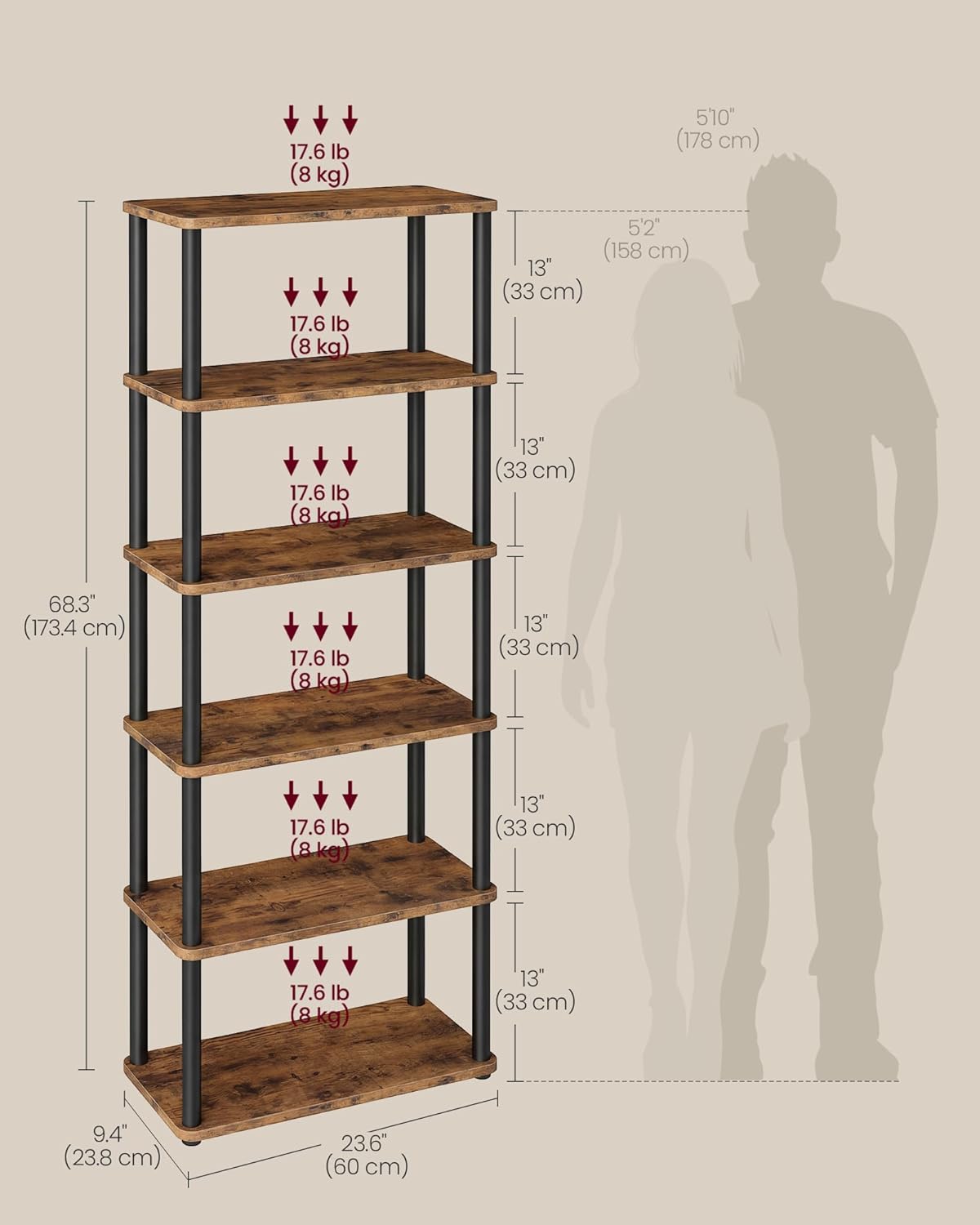 VASAGLE Superfast Toolless Assembly, 6-Tier Shelf for Living Room, Standing Shelf, Bookshelf, Bedroom, Kitchen, 9.4 x 23.6 x 68.3 Inches, Rustic Brown and Ink Black ULLS166K01